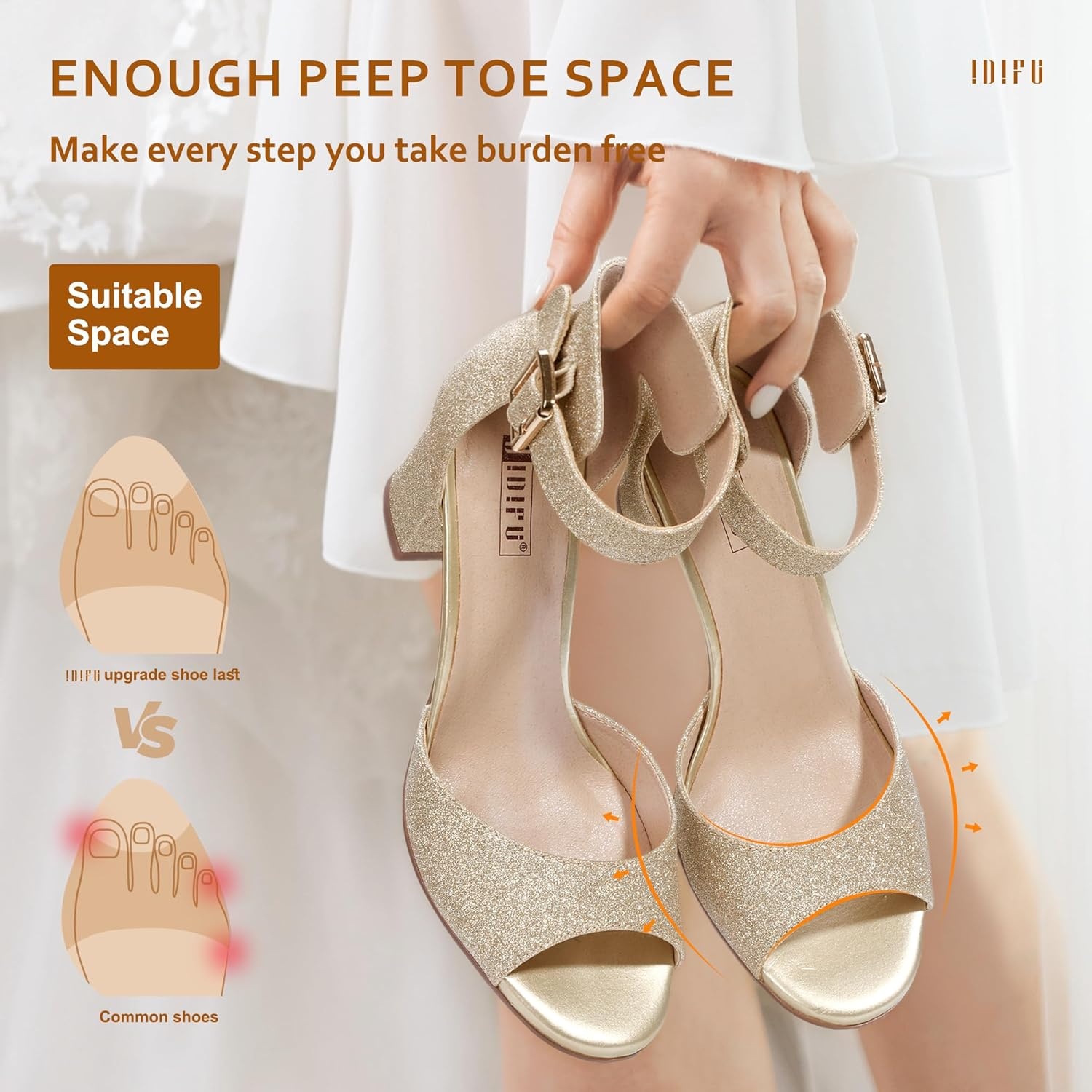 image:imageIDIFU Womens CandieMI Peep Toe Low Block Heels Sandals Ankle Strap Comfy Chunky Wedding Dress ShoesGold Glitter