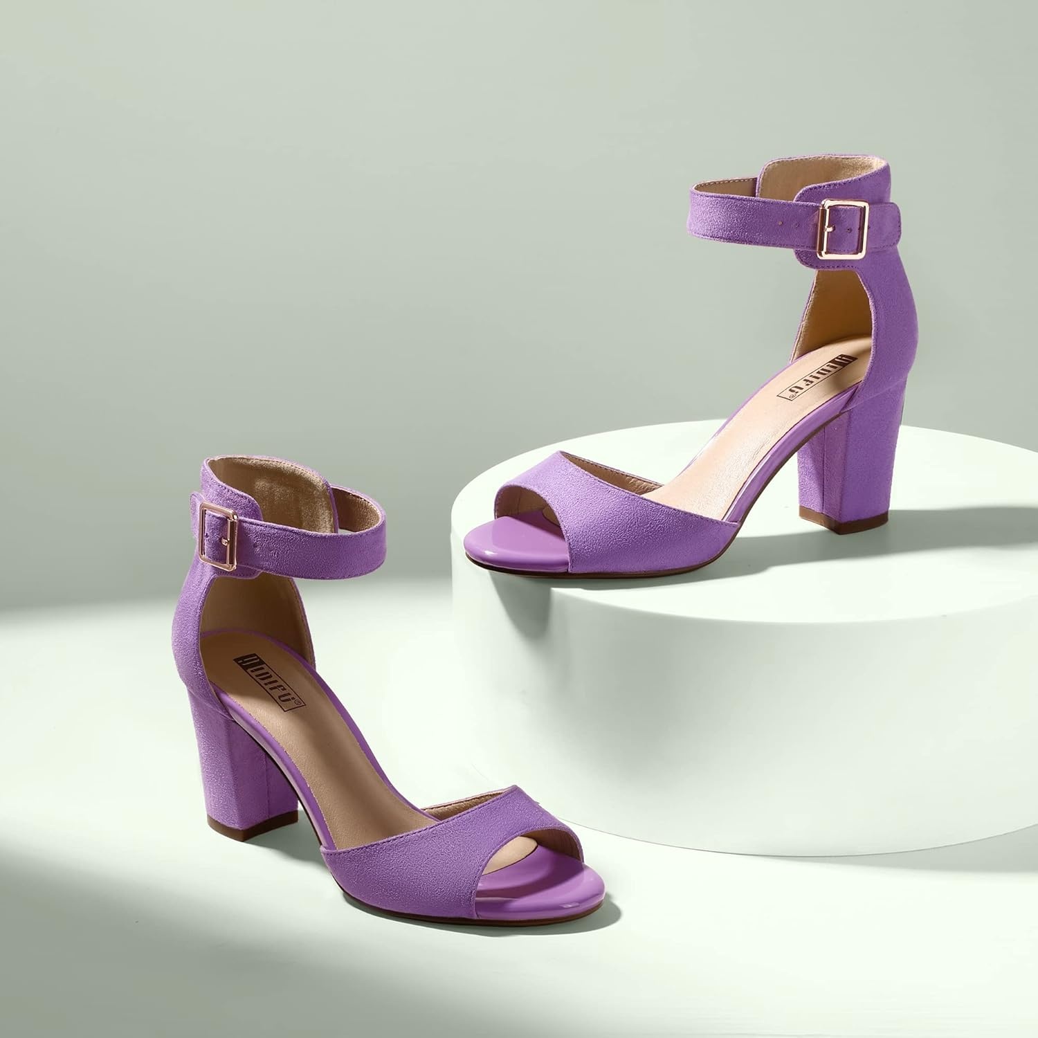 image:imageIDIFU Womens CandieMI Peep Toe Low Block Heels Sandals Ankle Strap Comfy Chunky Wedding Dress ShoesLilac Suede