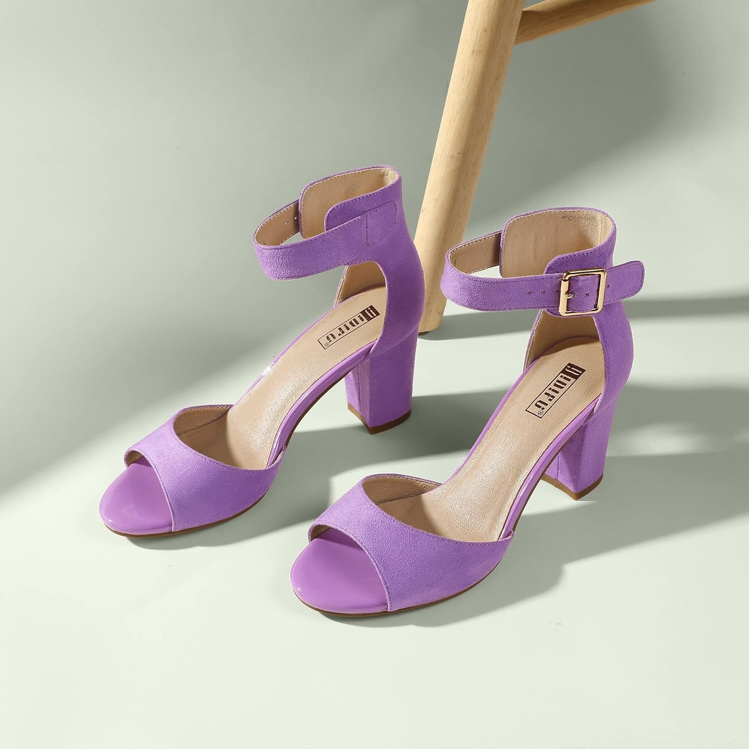 image:imageIDIFU Womens CandieMI Peep Toe Low Block Heels Sandals Ankle Strap Comfy Chunky Wedding Dress ShoesLilac Suede