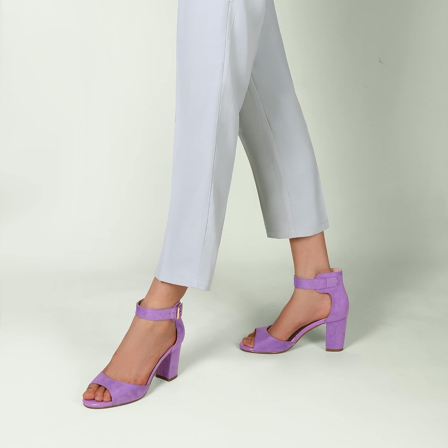 image:imageIDIFU Womens CandieMI Peep Toe Low Block Heels Sandals Ankle Strap Comfy Chunky Wedding Dress ShoesLilac Suede