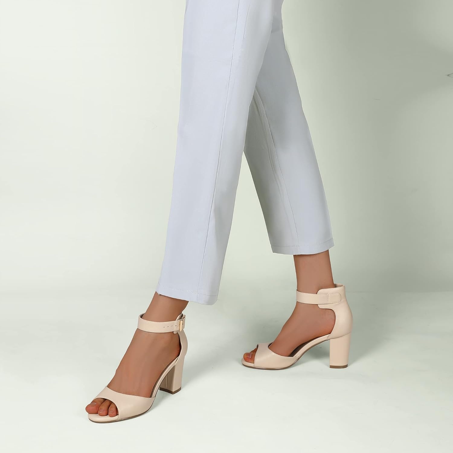 image:imageIDIFU Womens CandieMI Peep Toe Low Block Heels Sandals Ankle Strap Comfy Chunky Wedding Dress ShoesNude Pu