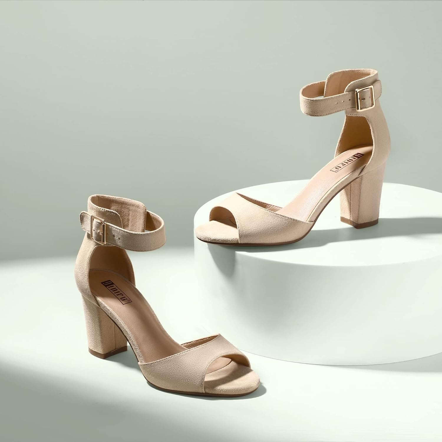 image:imageIDIFU Womens CandieMI Peep Toe Low Block Heels Sandals Ankle Strap Comfy Chunky Wedding Dress ShoesNude Suede