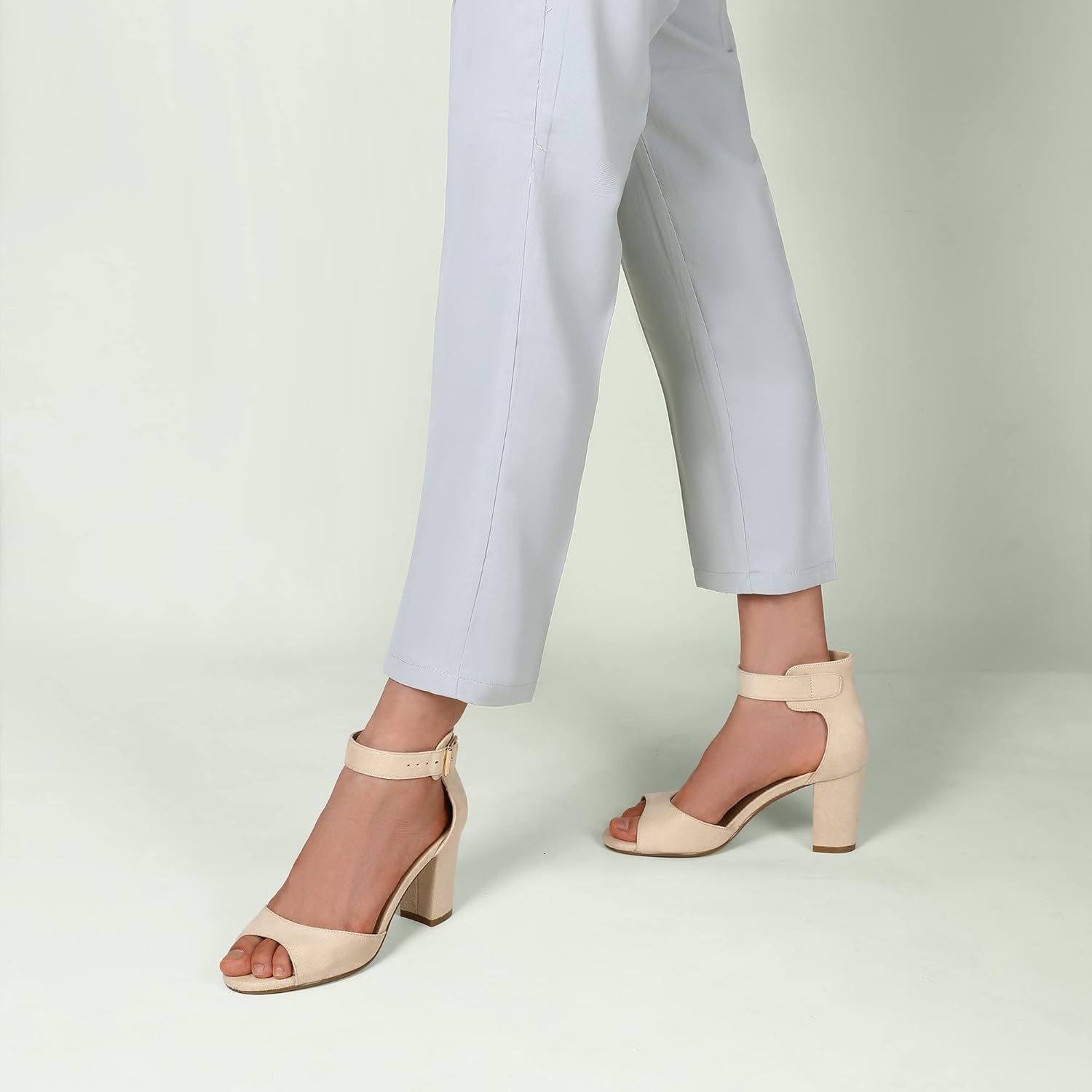 image:imageIDIFU Womens CandieMI Peep Toe Low Block Heels Sandals Ankle Strap Comfy Chunky Wedding Dress ShoesNude Suede