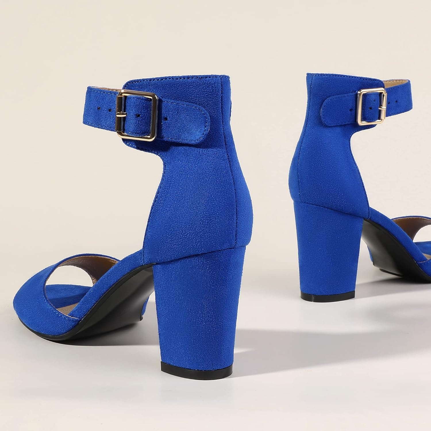 image:imageIDIFU Womens CandieMI Peep Toe Low Block Heels Sandals Ankle Strap Comfy Chunky Wedding Dress ShoesRoyal Blue Suede
