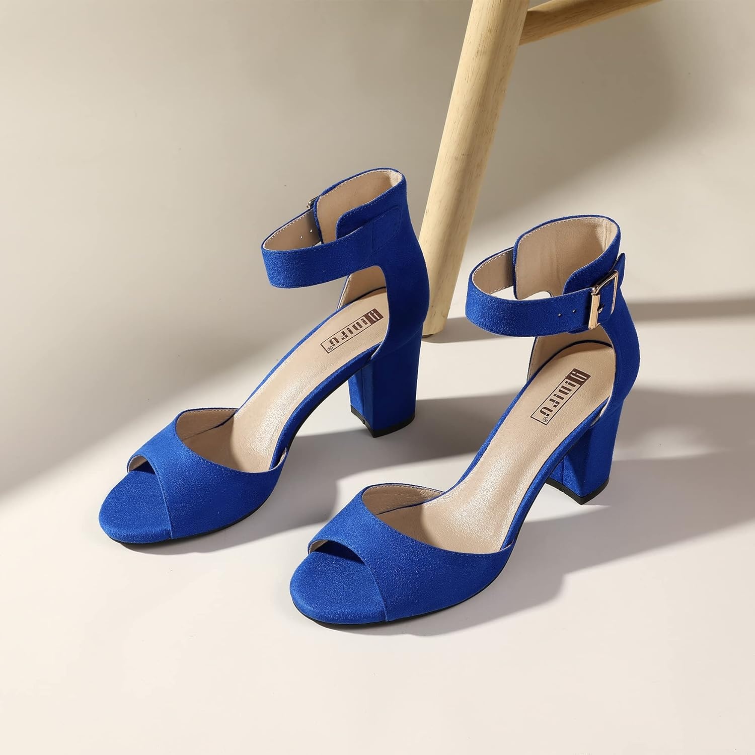 image:imageIDIFU Womens CandieMI Peep Toe Low Block Heels Sandals Ankle Strap Comfy Chunky Wedding Dress ShoesRoyal Blue Suede