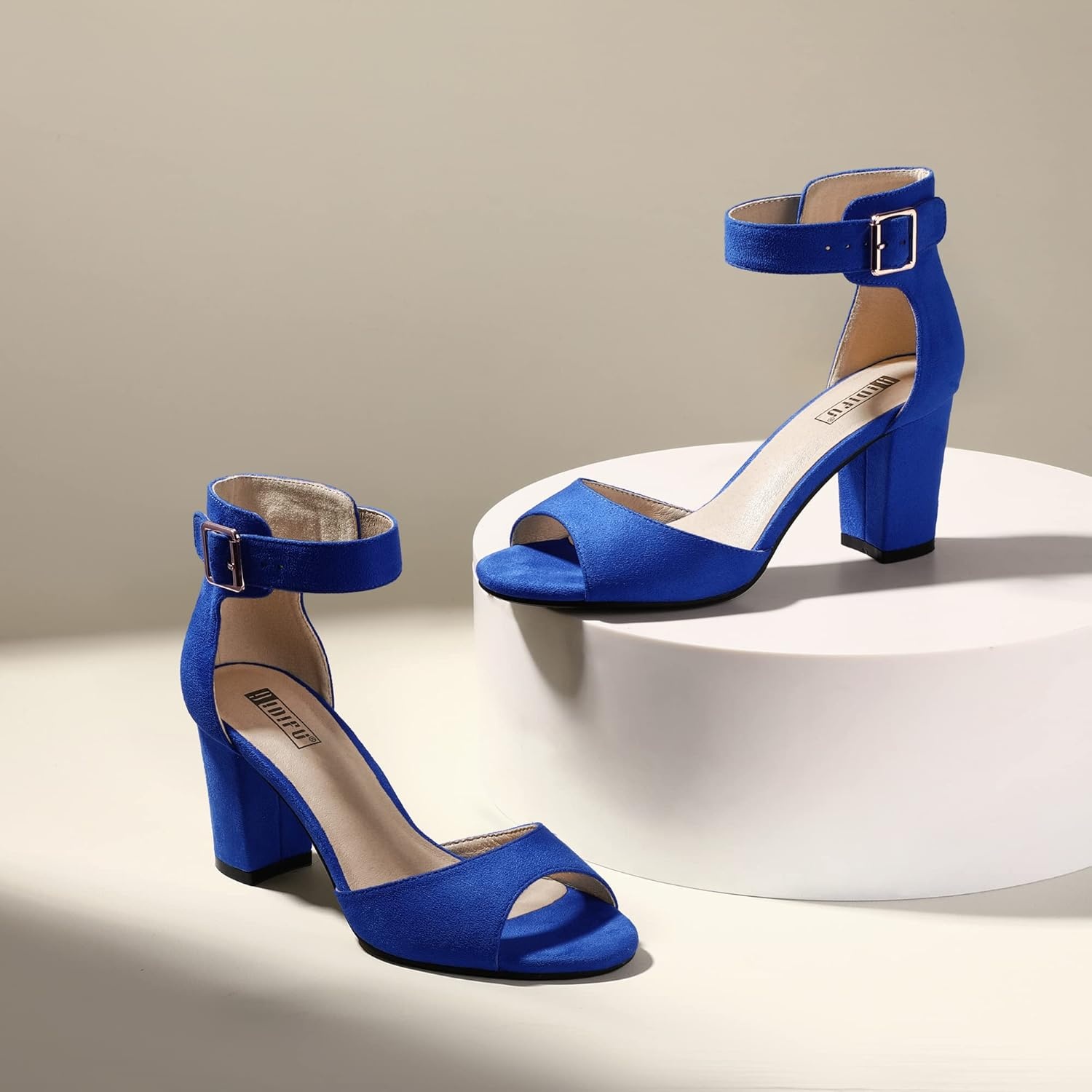 image:imageIDIFU Womens CandieMI Peep Toe Low Block Heels Sandals Ankle Strap Comfy Chunky Wedding Dress ShoesRoyal Blue Suede