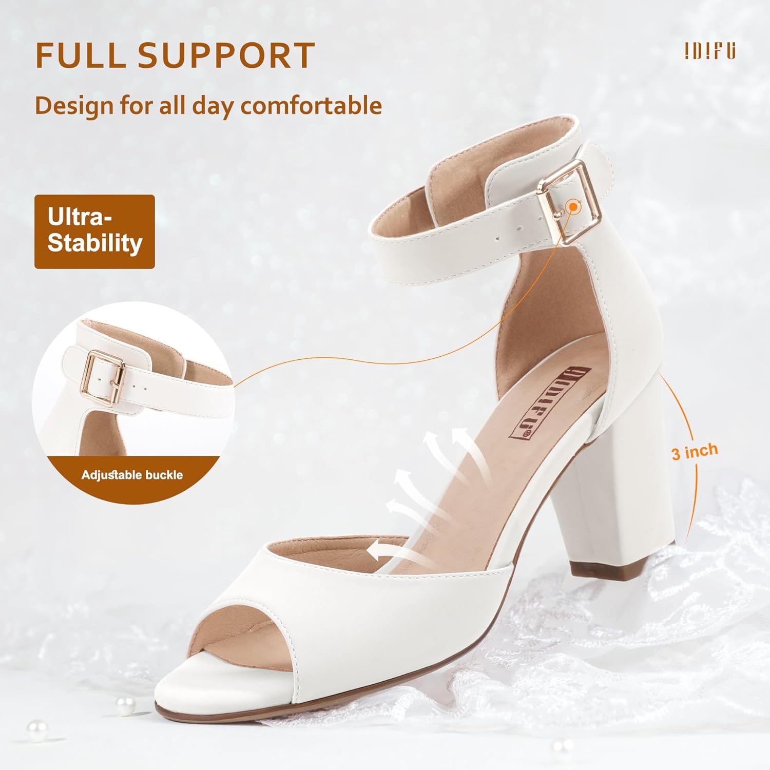 image:imageIDIFU Womens CandieMI Peep Toe Low Block Heels Sandals Ankle Strap Comfy Chunky Wedding Dress ShoesWhite Pu