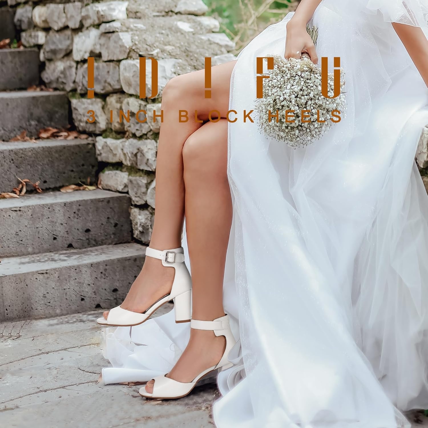 image:imageIDIFU Womens CandieMI Peep Toe Low Block Heels Sandals Ankle Strap Comfy Chunky Wedding Dress ShoesWhite Pu