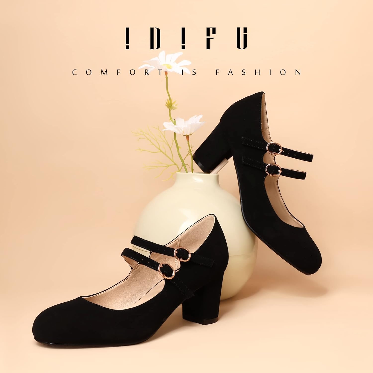 image:imageIDIFU Womens Dress Shoes for Women Pumps Mary Jane Heels Low Block Round Closed Toe Wedding Office WorkBlack Nubuck