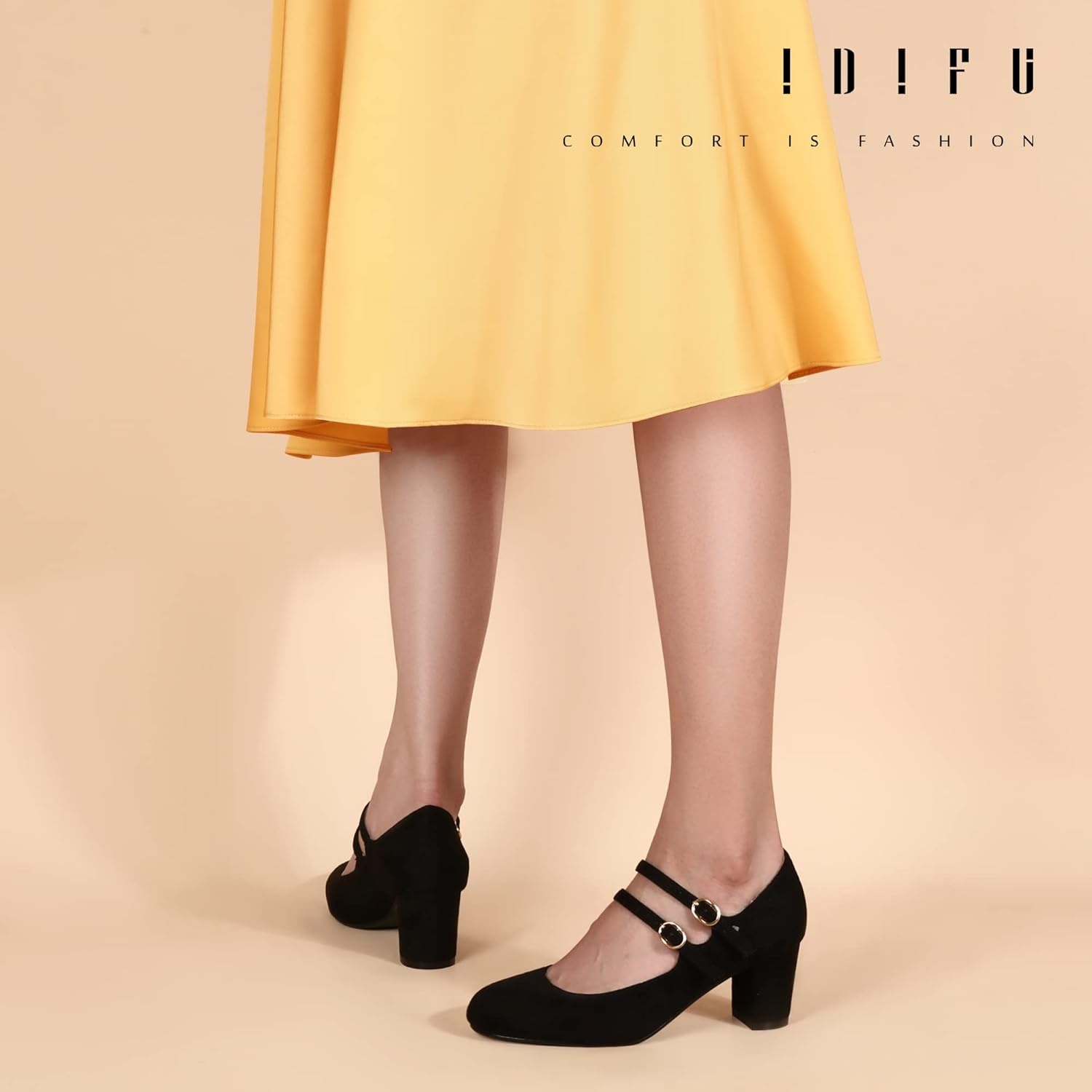 image:imageIDIFU Womens Dress Shoes for Women Pumps Mary Jane Heels Low Block Round Closed Toe Wedding Office WorkBlack Nubuck