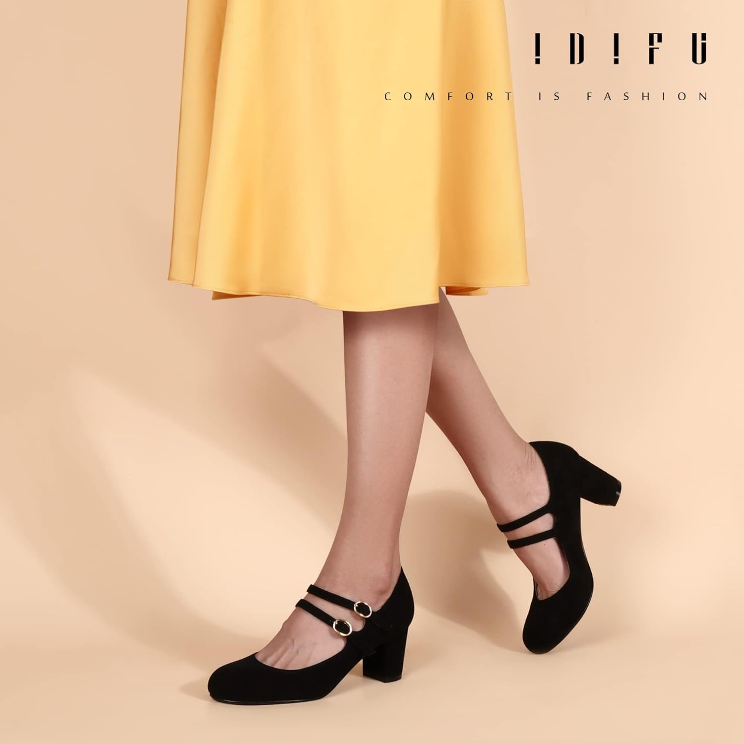 image:imageIDIFU Womens Dress Shoes for Women Pumps Mary Jane Heels Low Block Round Closed Toe Wedding Office WorkBlack Nubuck