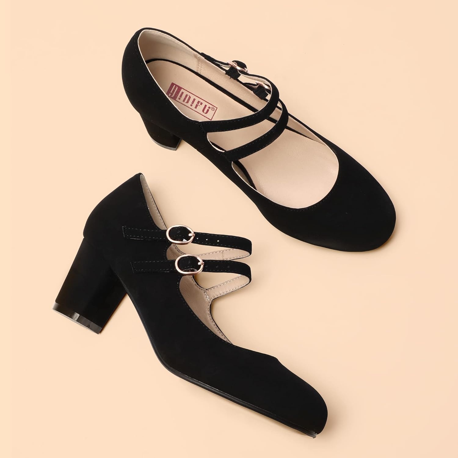 image:imageIDIFU Womens Dress Shoes for Women Pumps Mary Jane Heels Low Block Round Closed Toe Wedding Office WorkBlack Nubuck