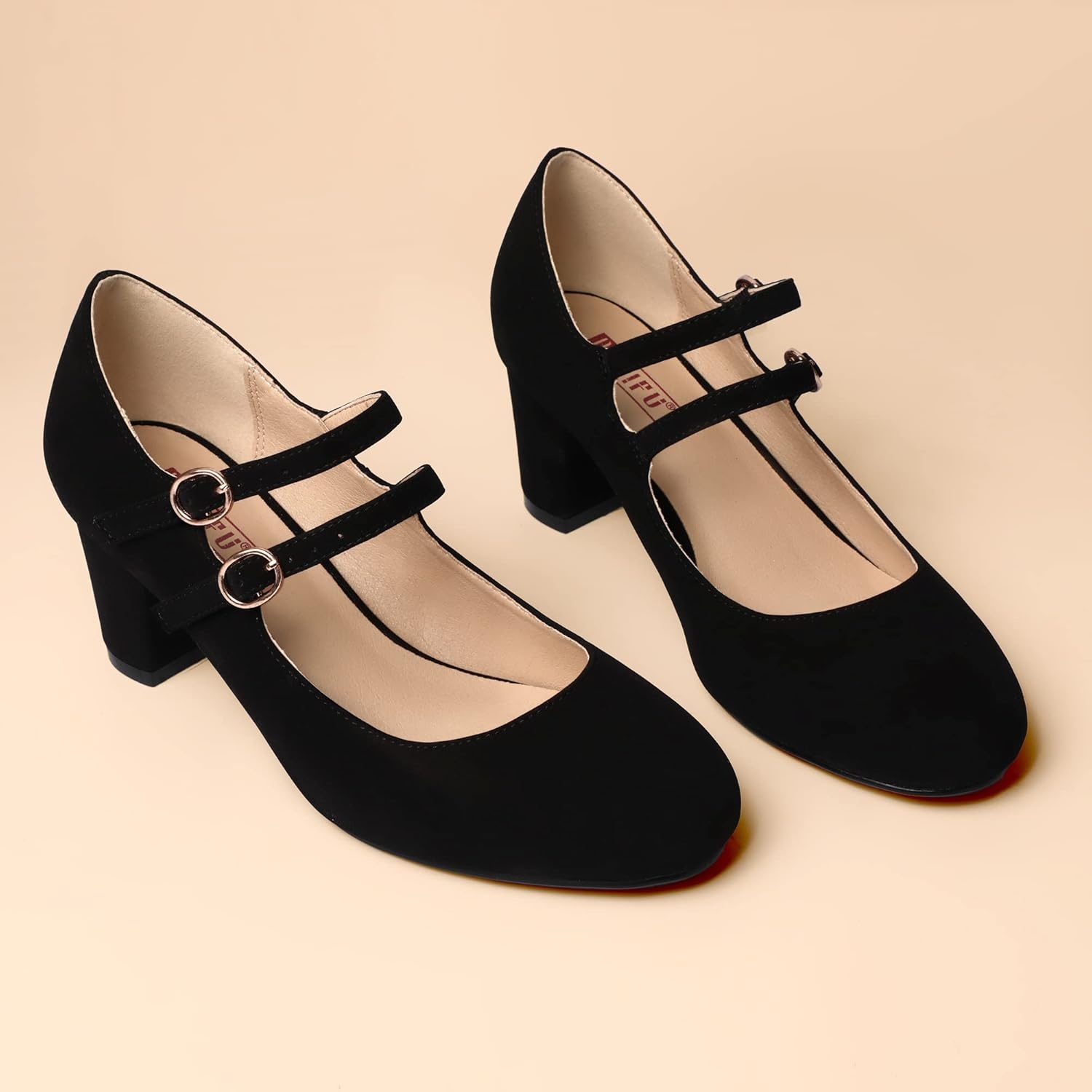 image:imageIDIFU Womens Dress Shoes for Women Pumps Mary Jane Heels Low Block Round Closed Toe Wedding Office WorkBlack Nubuck