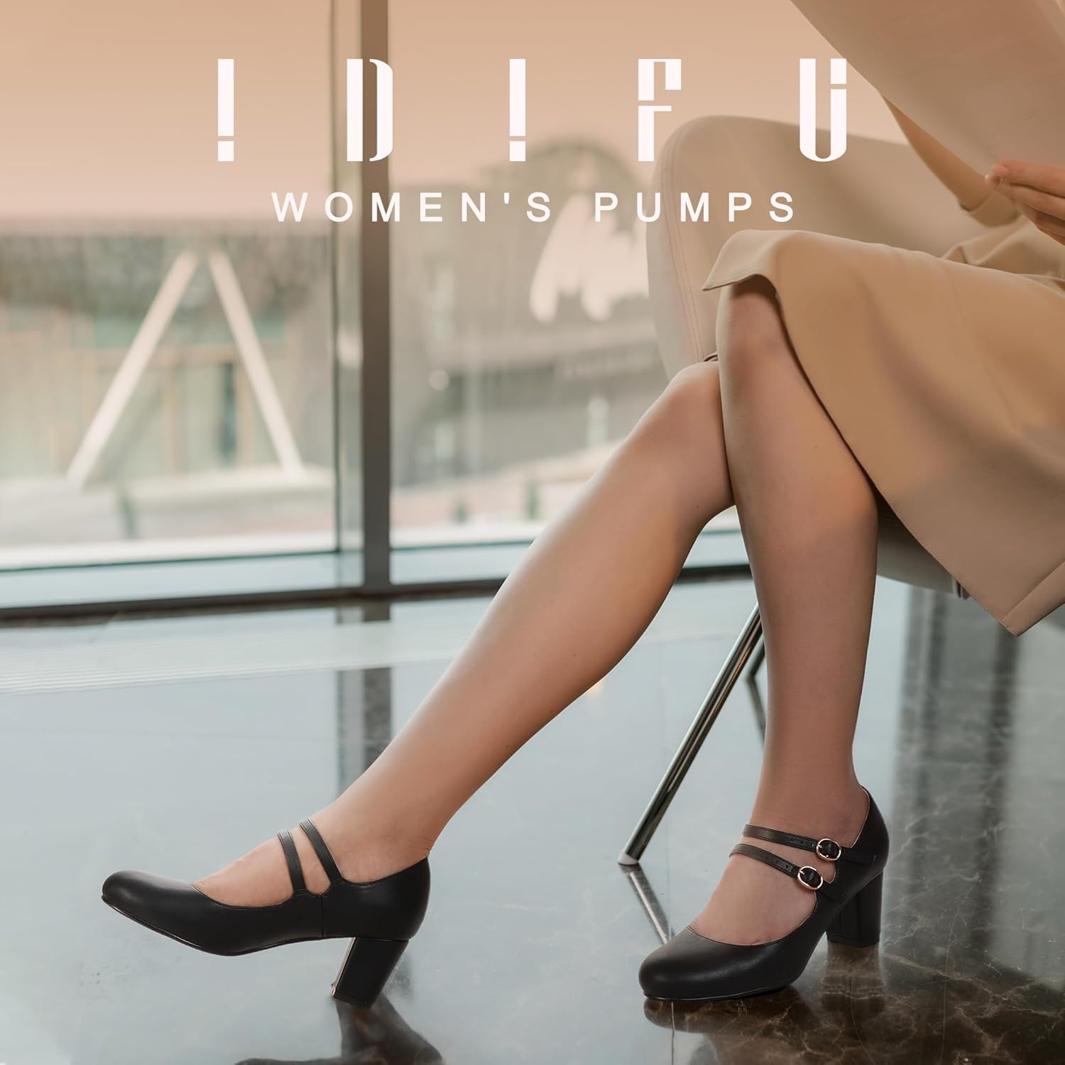 image:imageIDIFU Womens Dress Shoes for Women Pumps Mary Jane Heels Low Block Round Closed Toe Wedding Office WorkBlack Pu
