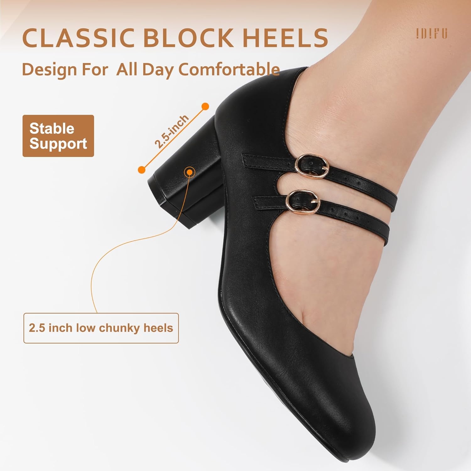 image:imageIDIFU Womens Dress Shoes for Women Pumps Mary Jane Heels Low Block Round Closed Toe Wedding Office WorkBlack Pu