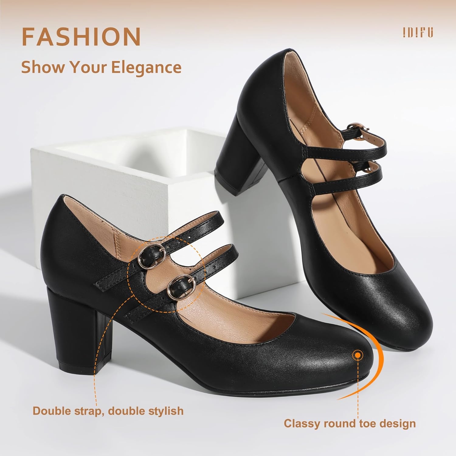 image:imageIDIFU Womens Dress Shoes for Women Pumps Mary Jane Heels Low Block Round Closed Toe Wedding Office WorkBlack Pu