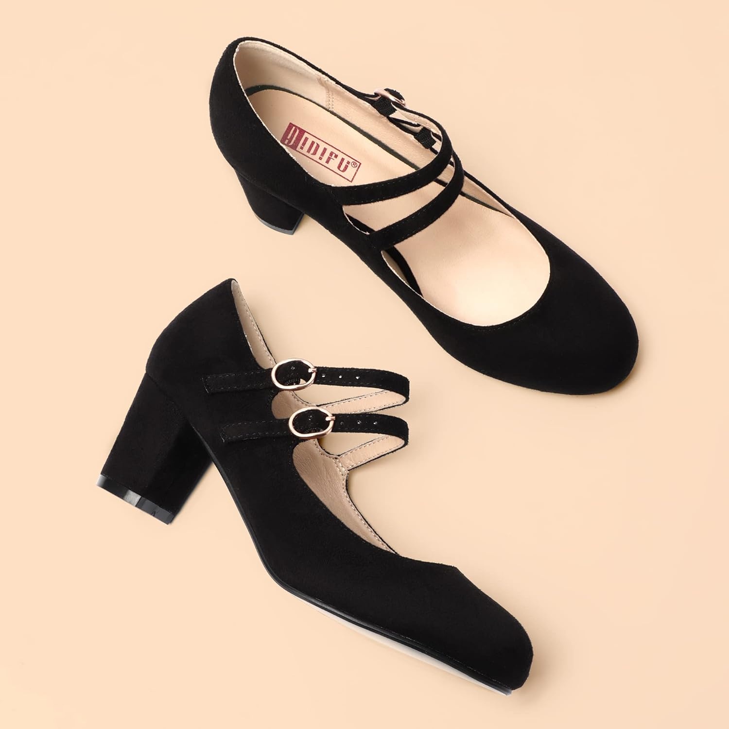 image:imageIDIFU Womens Dress Shoes for Women Pumps Mary Jane Heels Low Block Round Closed Toe Wedding Office WorkBlack Suede