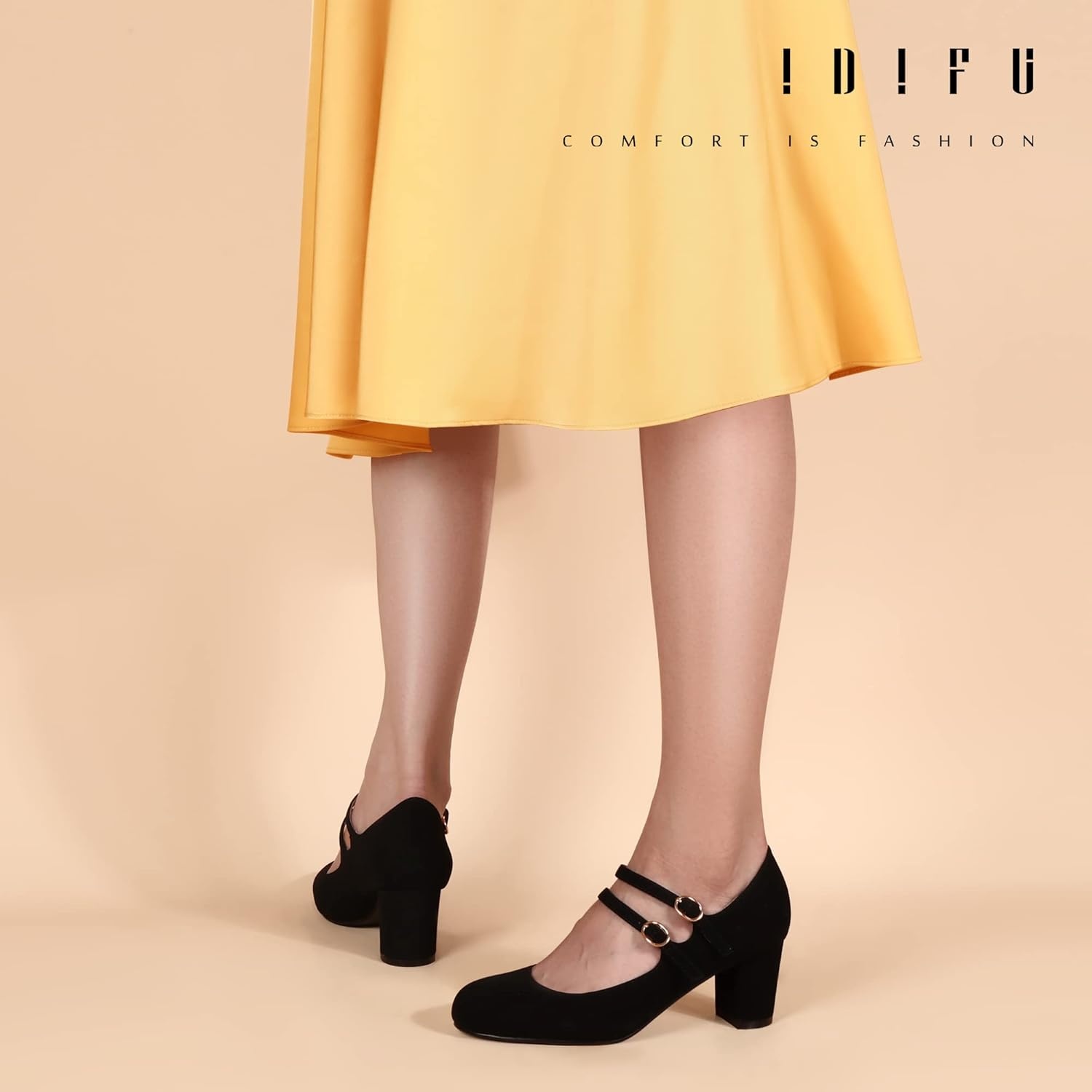 image:imageIDIFU Womens Dress Shoes for Women Pumps Mary Jane Heels Low Block Round Closed Toe Wedding Office WorkBlack Suede
