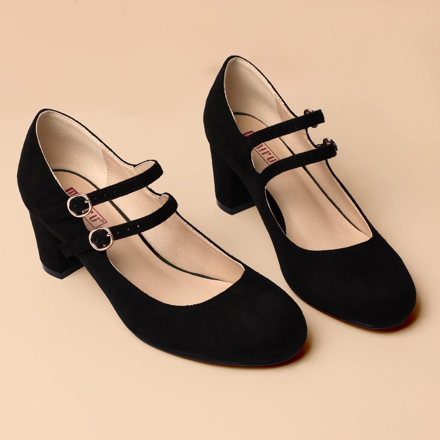 image:imageIDIFU Womens Dress Shoes for Women Pumps Mary Jane Heels Low Block Round Closed Toe Wedding Office WorkBlack Suede