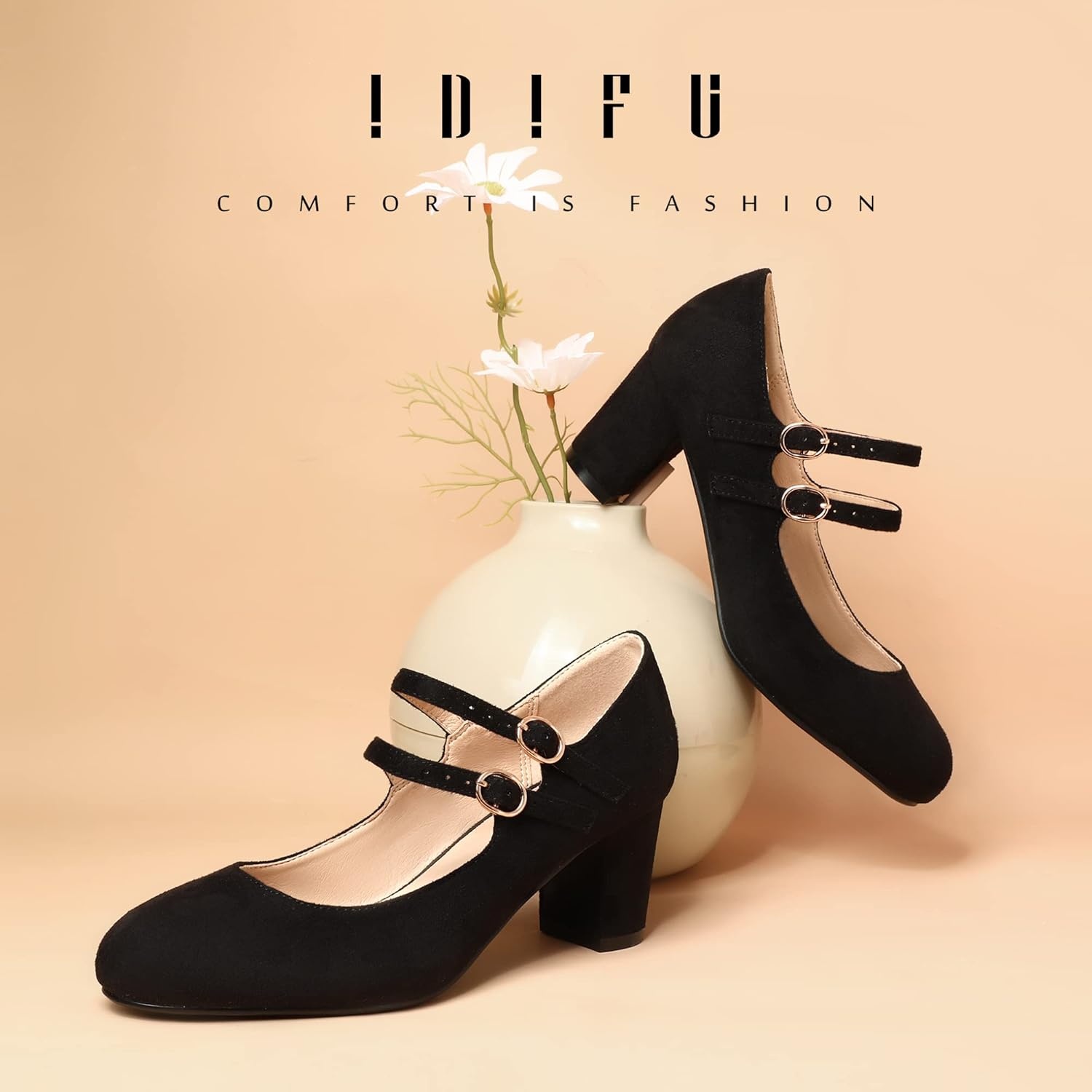 image:imageIDIFU Womens Dress Shoes for Women Pumps Mary Jane Heels Low Block Round Closed Toe Wedding Office WorkBlack Suede