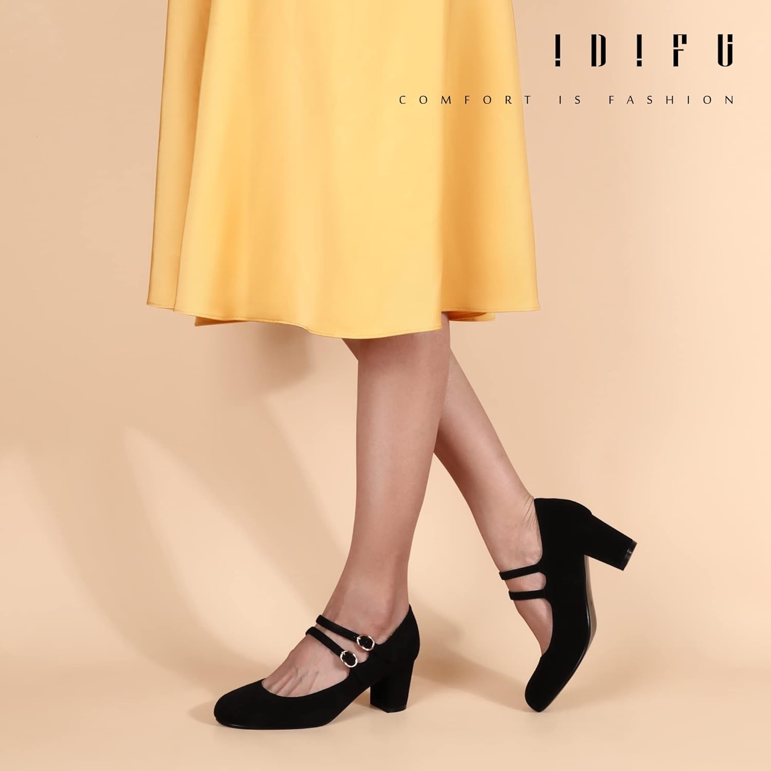 image:imageIDIFU Womens Dress Shoes for Women Pumps Mary Jane Heels Low Block Round Closed Toe Wedding Office WorkBlack Suede