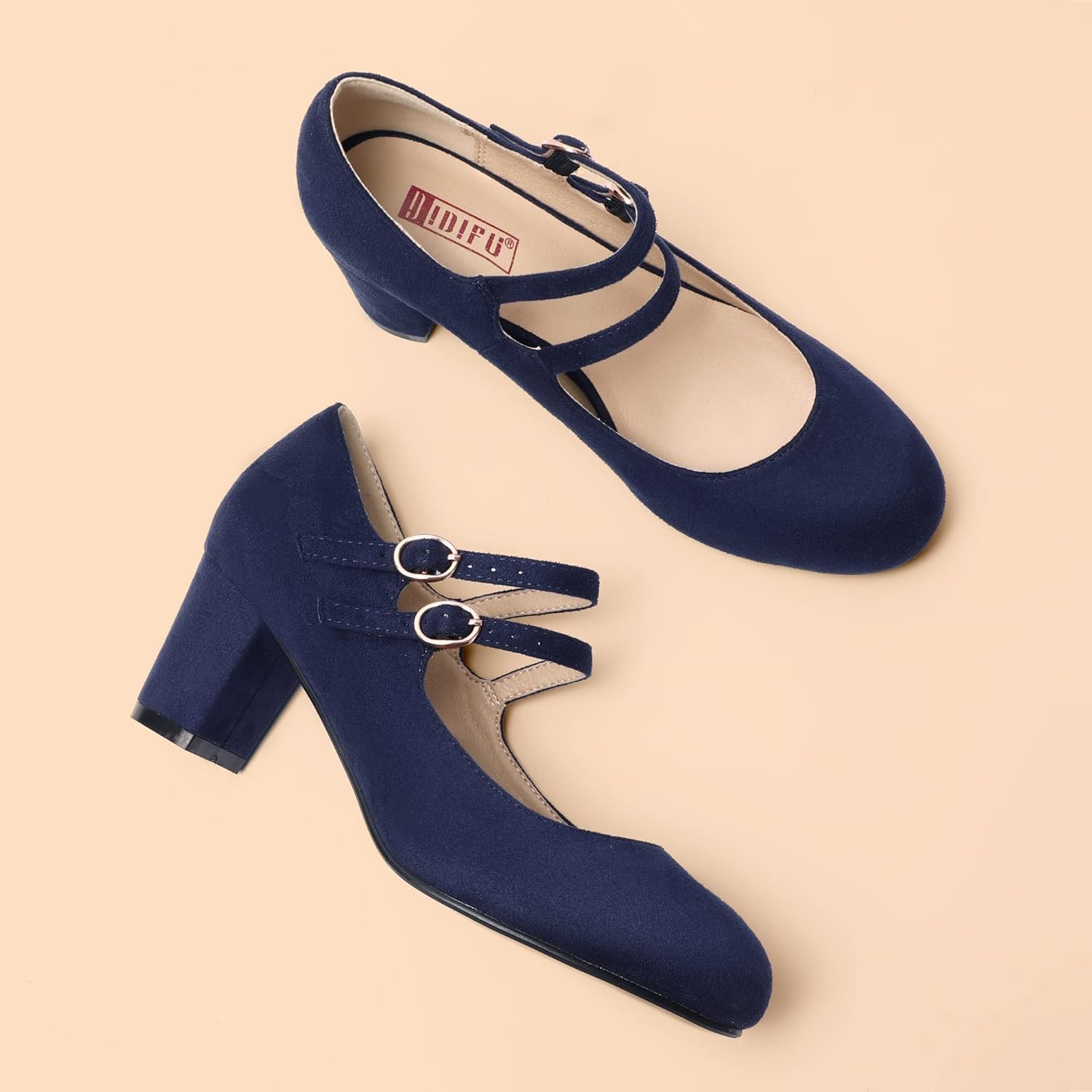image:imageIDIFU Womens Dress Shoes for Women Pumps Mary Jane Heels Low Block Round Closed Toe Wedding Office WorkBlue Suede
