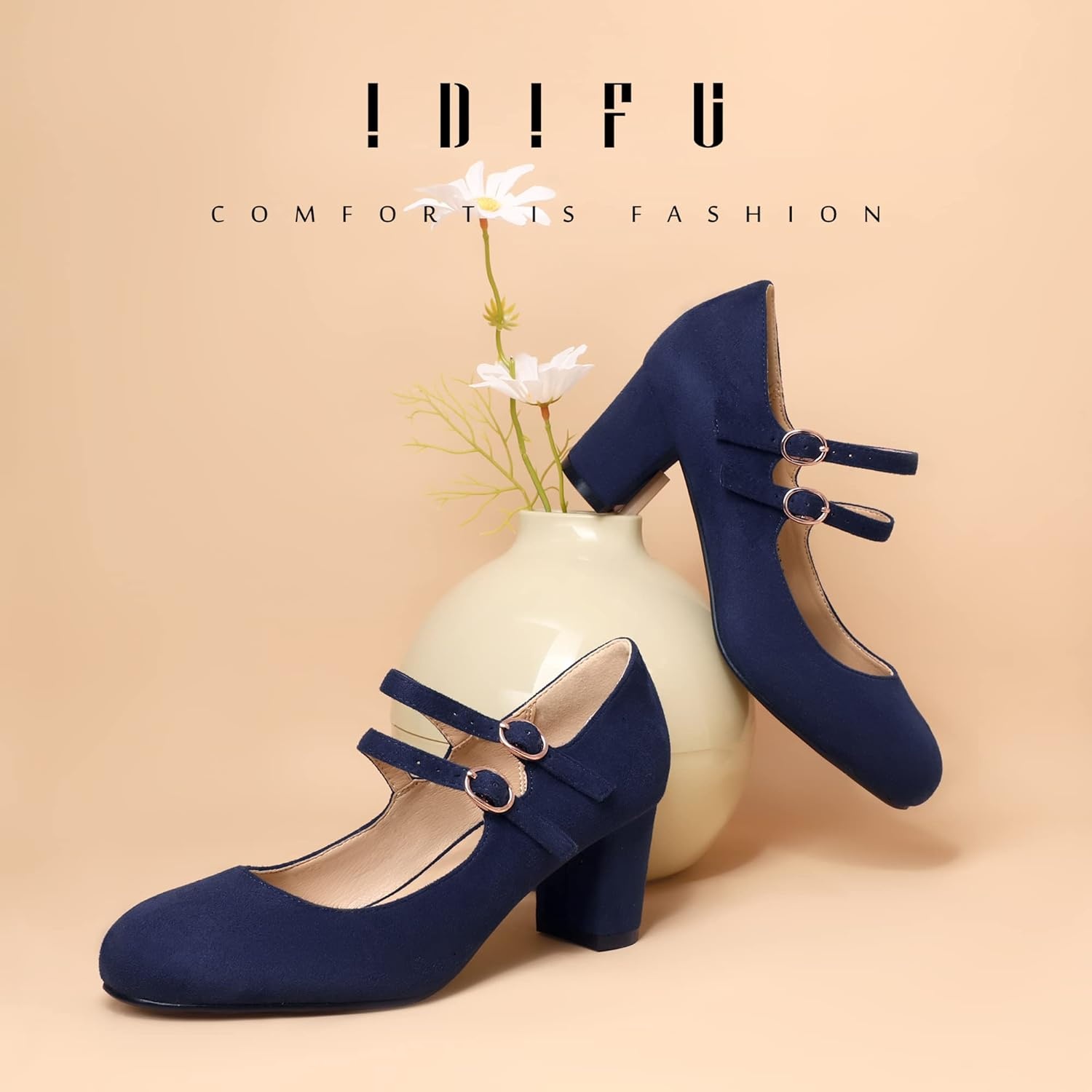 image:imageIDIFU Womens Dress Shoes for Women Pumps Mary Jane Heels Low Block Round Closed Toe Wedding Office WorkBlue Suede