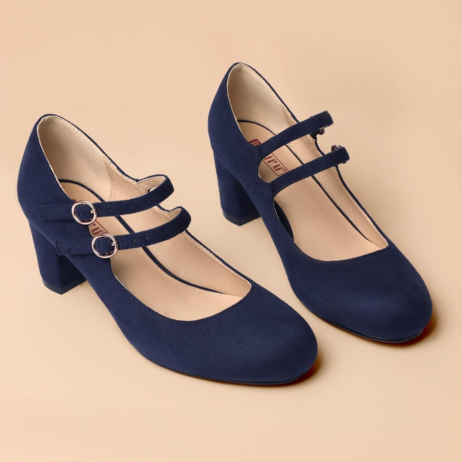 image:imageIDIFU Womens Dress Shoes for Women Pumps Mary Jane Heels Low Block Round Closed Toe Wedding Office WorkBlue Suede
