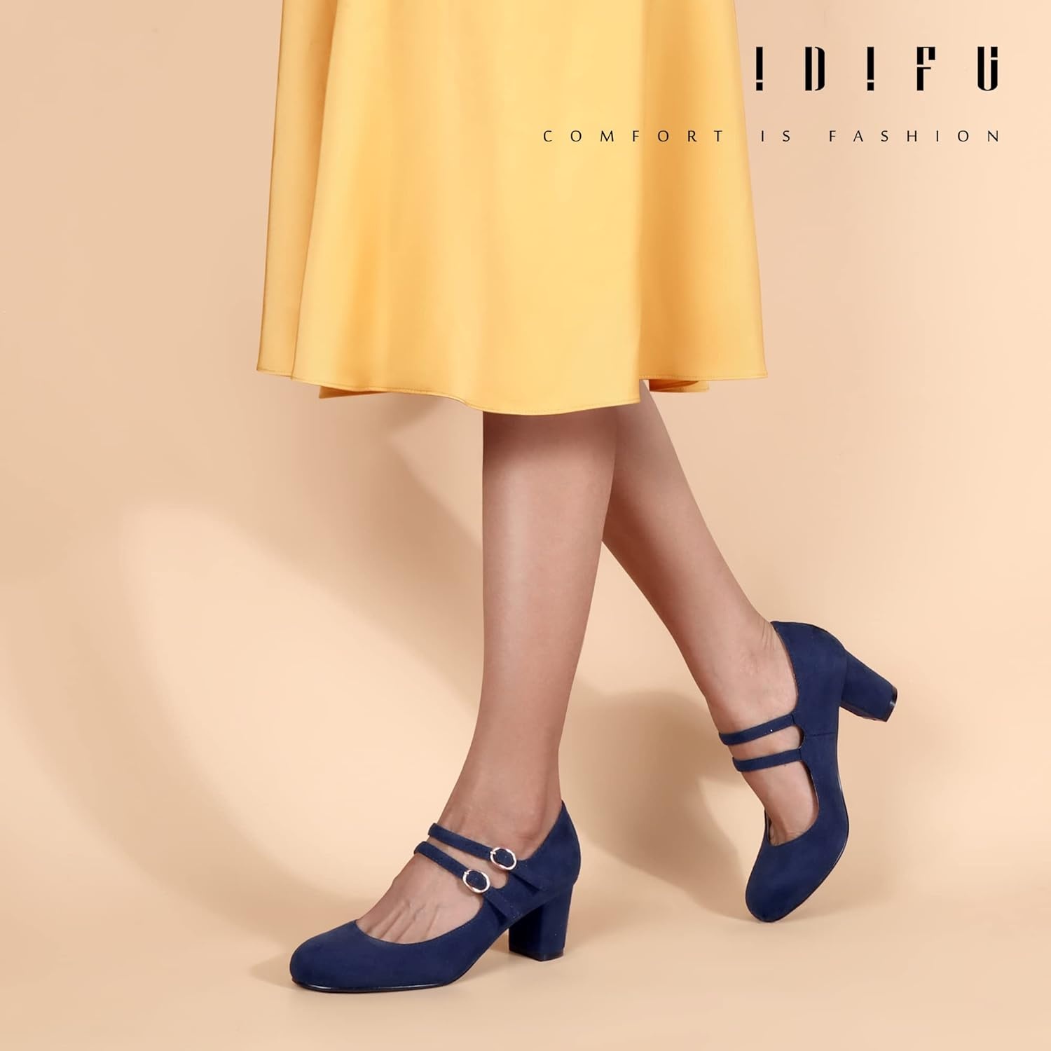 image:imageIDIFU Womens Dress Shoes for Women Pumps Mary Jane Heels Low Block Round Closed Toe Wedding Office WorkBlue Suede