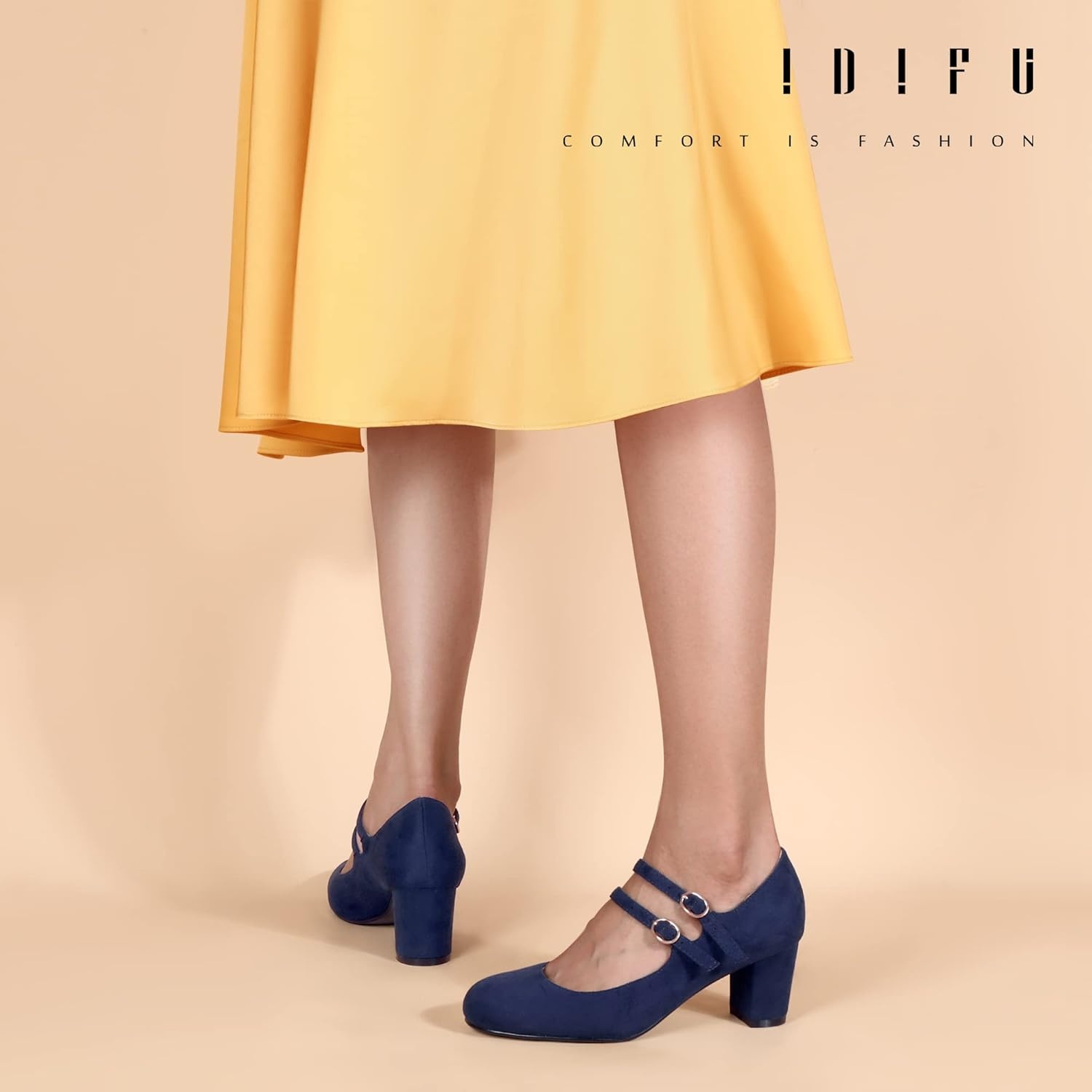 image:imageIDIFU Womens Dress Shoes for Women Pumps Mary Jane Heels Low Block Round Closed Toe Wedding Office WorkBlue Suede