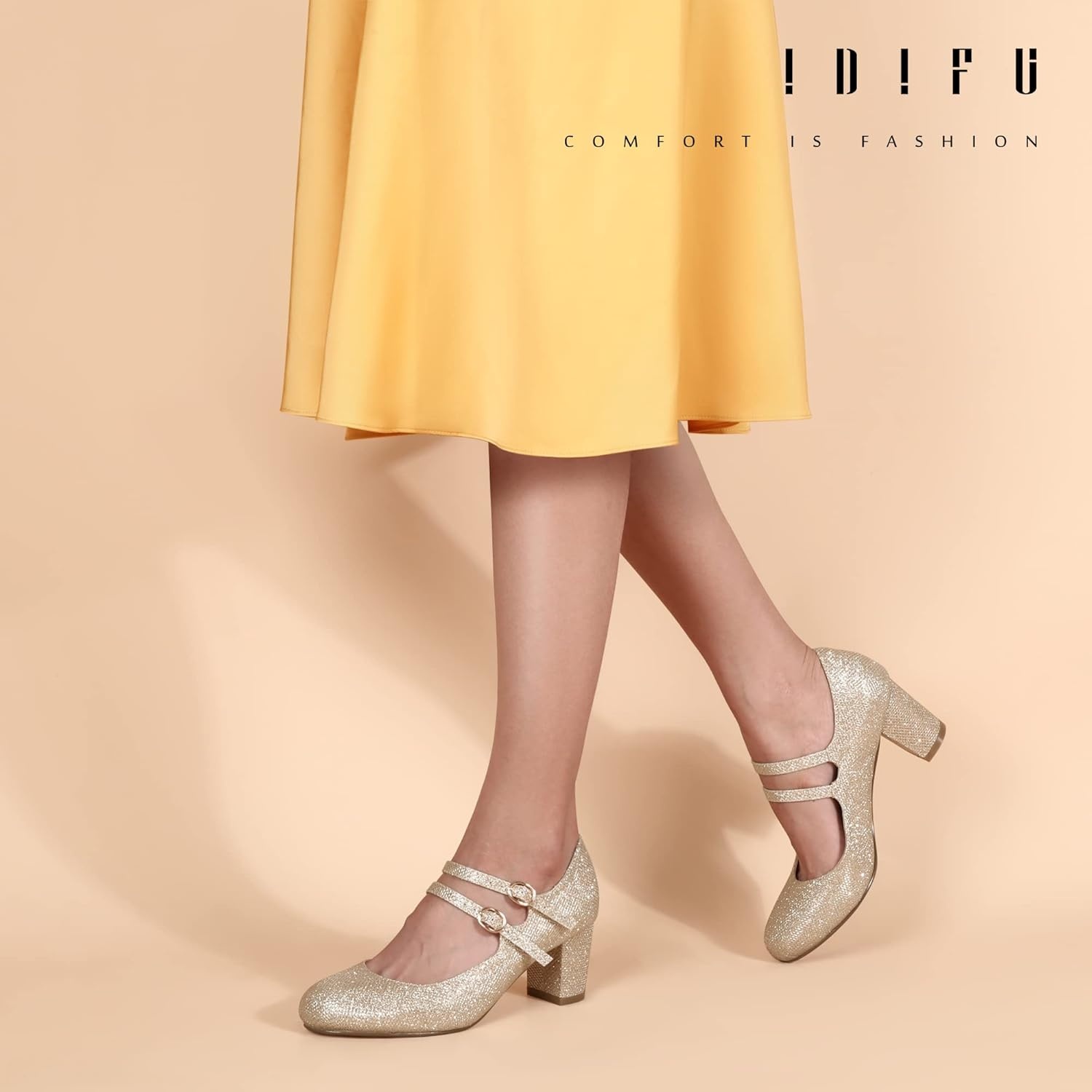 image:imageIDIFU Womens Dress Shoes for Women Pumps Mary Jane Heels Low Block Round Closed Toe Wedding Office WorkGold Glitter