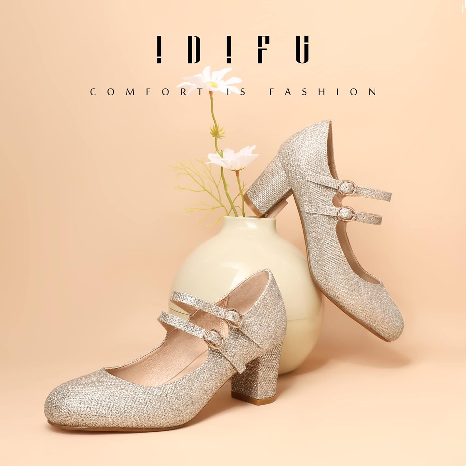 image:imageIDIFU Womens Dress Shoes for Women Pumps Mary Jane Heels Low Block Round Closed Toe Wedding Office WorkGold Glitter