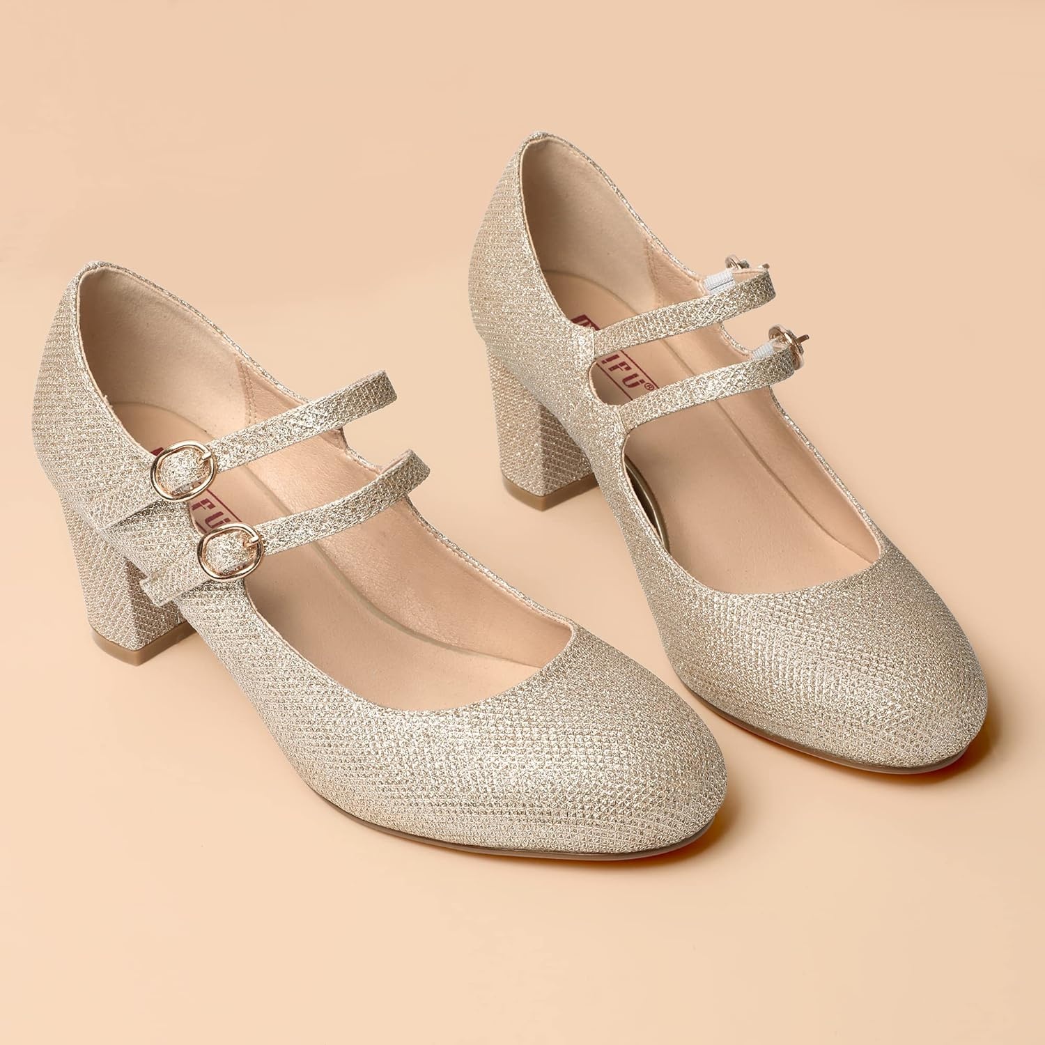 image:imageIDIFU Womens Dress Shoes for Women Pumps Mary Jane Heels Low Block Round Closed Toe Wedding Office WorkGold Glitter