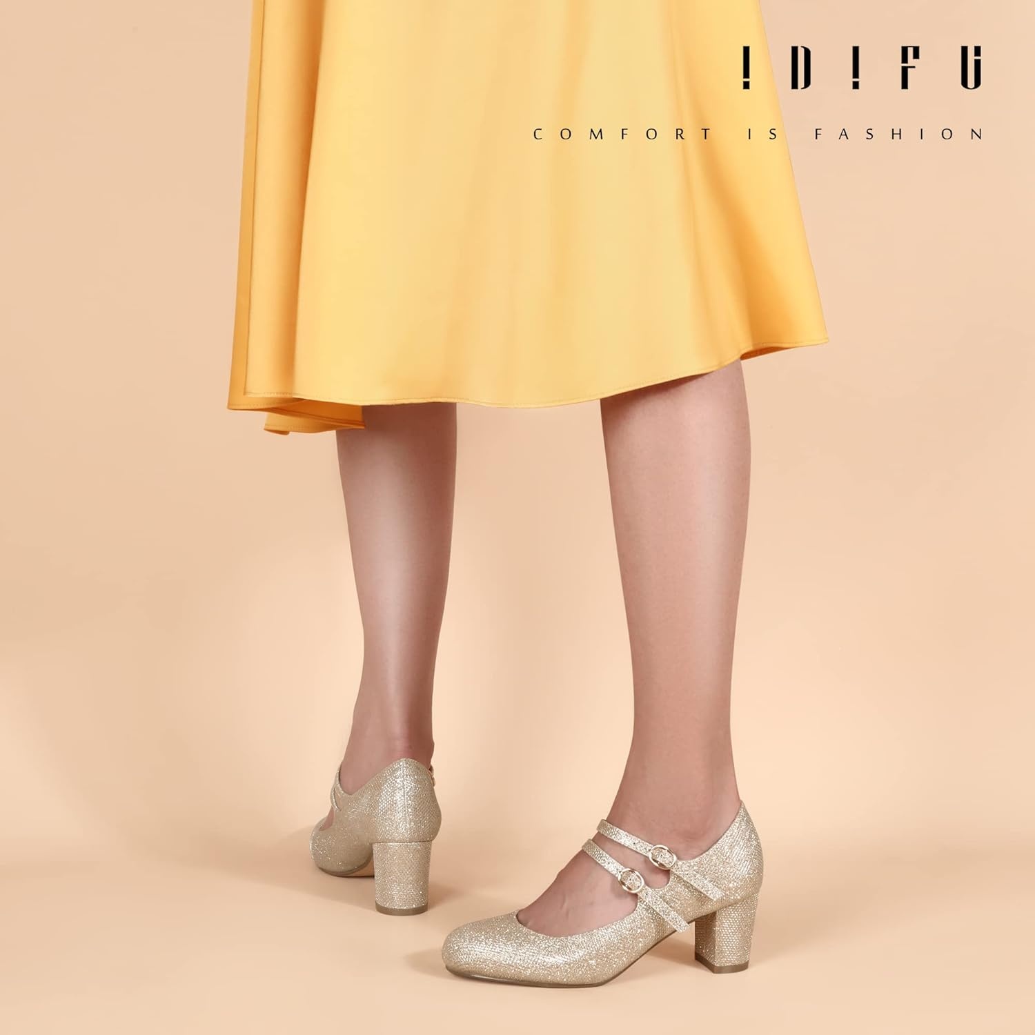 image:imageIDIFU Womens Dress Shoes for Women Pumps Mary Jane Heels Low Block Round Closed Toe Wedding Office WorkGold Glitter