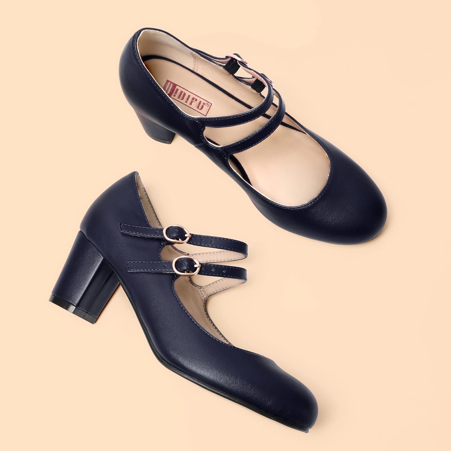 image:imageIDIFU Womens Dress Shoes for Women Pumps Mary Jane Heels Low Block Round Closed Toe Wedding Office WorkNavy Pu