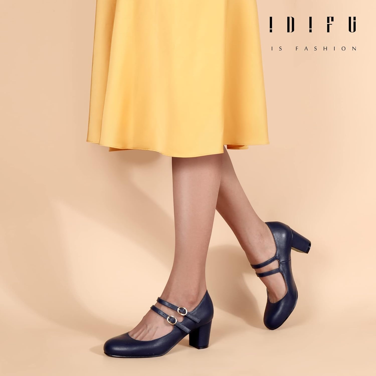 image:imageIDIFU Womens Dress Shoes for Women Pumps Mary Jane Heels Low Block Round Closed Toe Wedding Office WorkNavy Pu