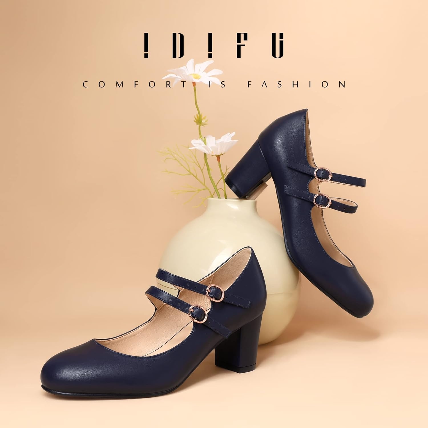 image:imageIDIFU Womens Dress Shoes for Women Pumps Mary Jane Heels Low Block Round Closed Toe Wedding Office WorkNavy Pu