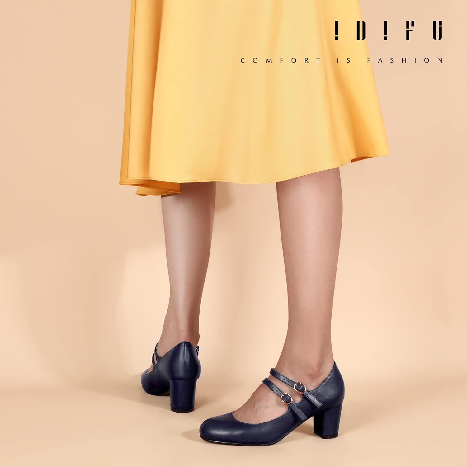 image:imageIDIFU Womens Dress Shoes for Women Pumps Mary Jane Heels Low Block Round Closed Toe Wedding Office WorkNavy Pu