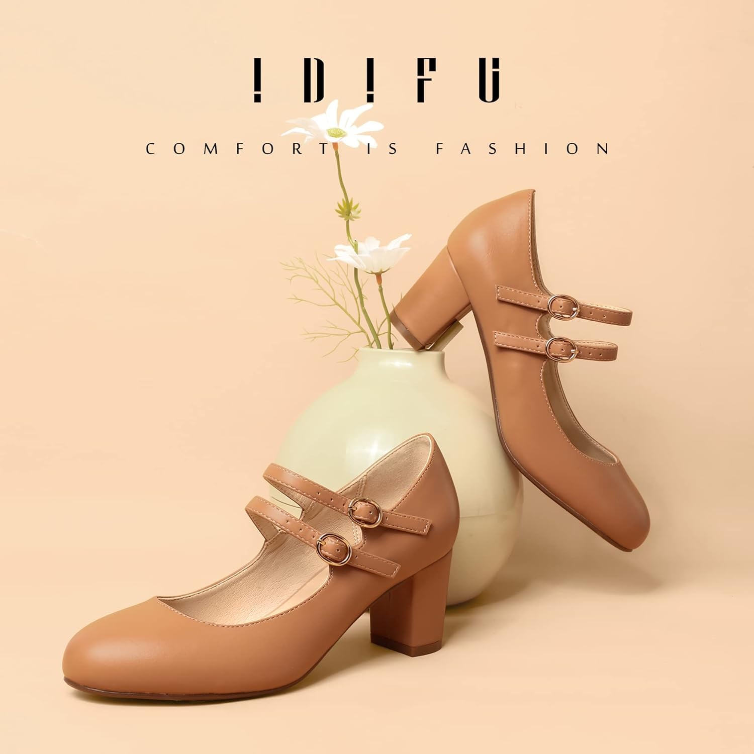 image:imageIDIFU Womens Dress Shoes for Women Pumps Mary Jane Heels Low Block Round Closed Toe Wedding Office WorkNude Pu