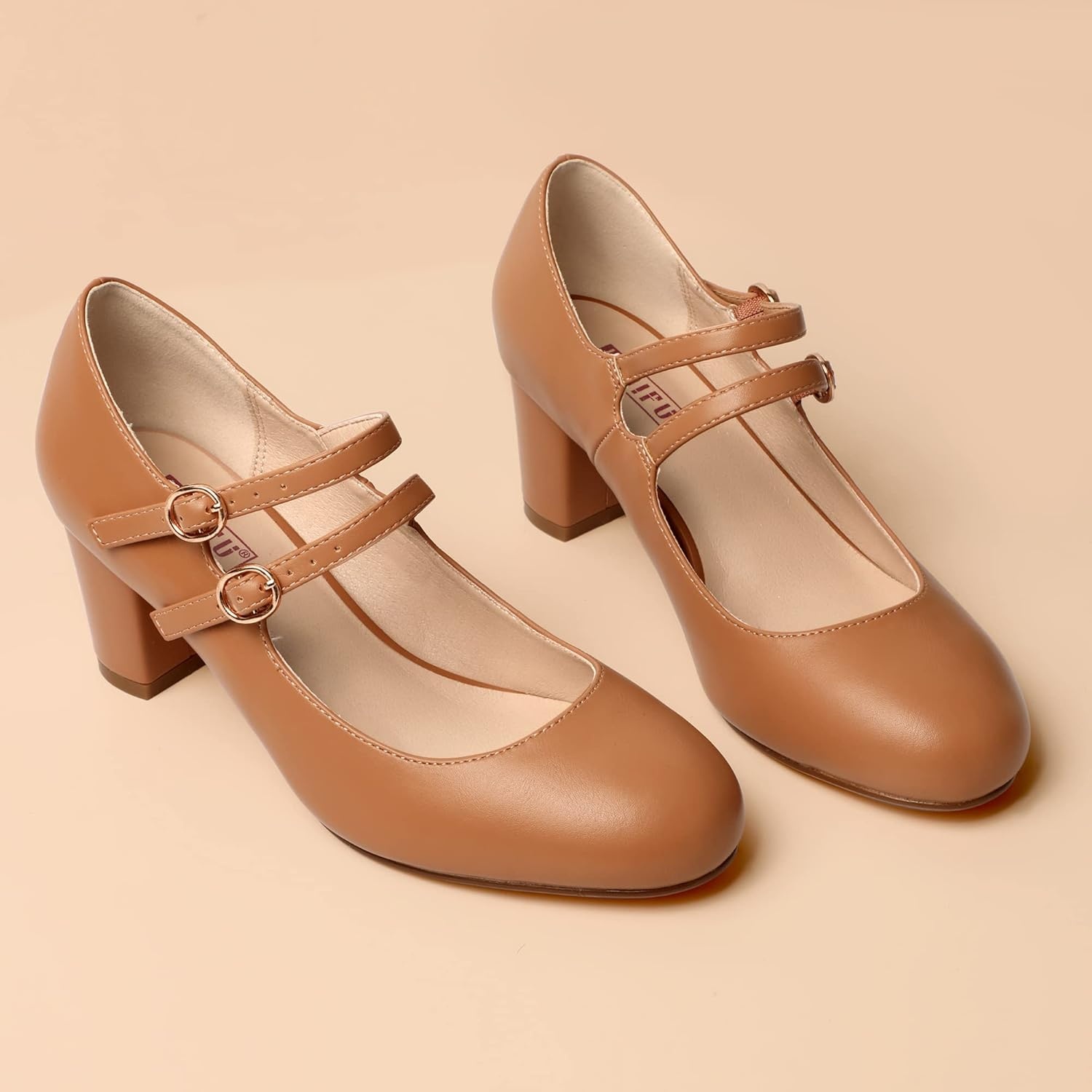 image:imageIDIFU Womens Dress Shoes for Women Pumps Mary Jane Heels Low Block Round Closed Toe Wedding Office WorkNude Pu