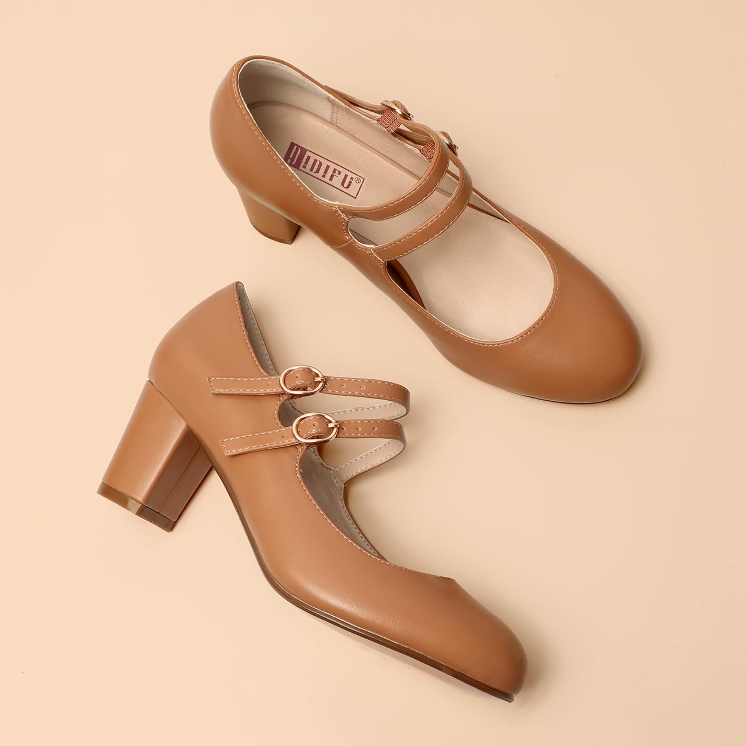 image:imageIDIFU Womens Dress Shoes for Women Pumps Mary Jane Heels Low Block Round Closed Toe Wedding Office WorkNude Pu