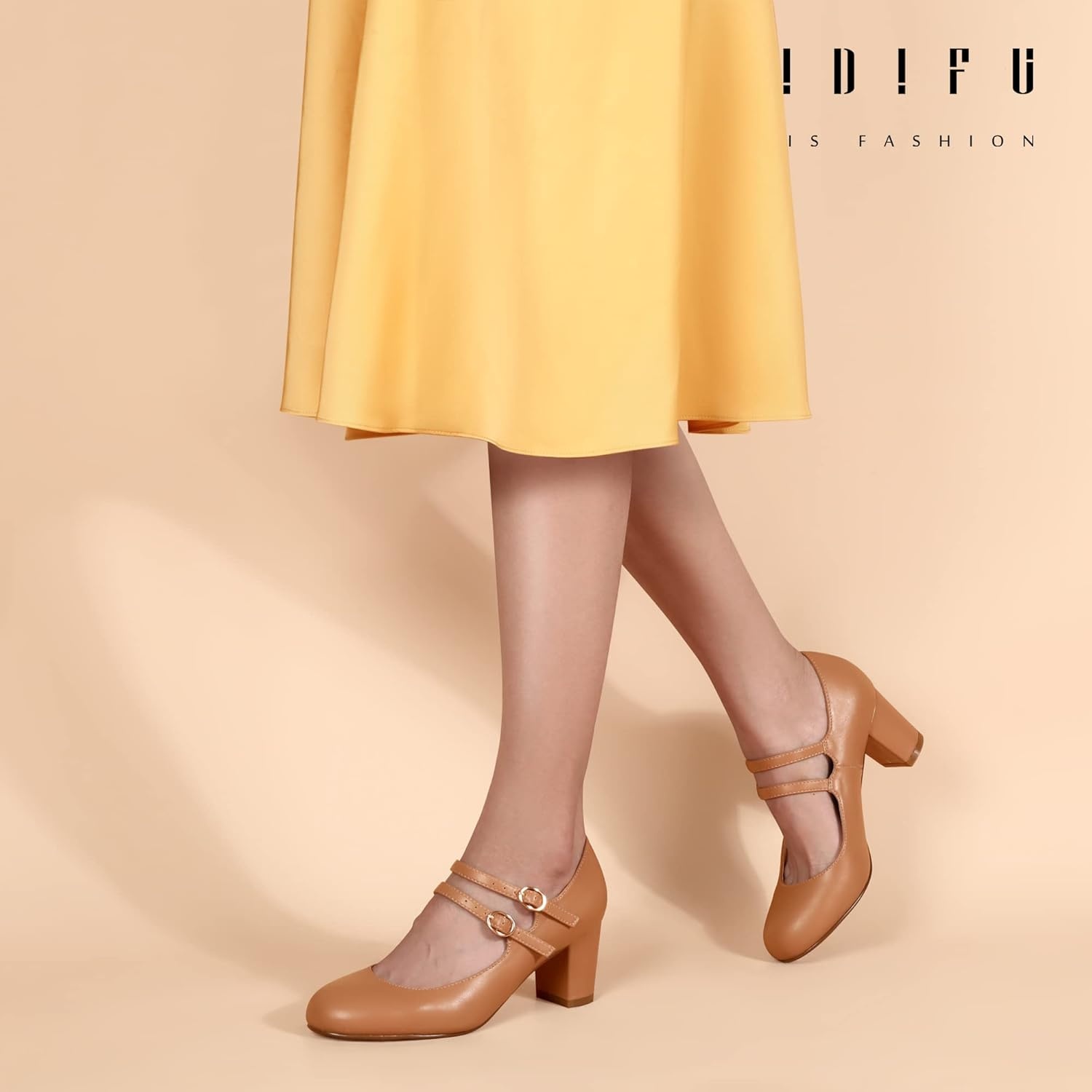 image:imageIDIFU Womens Dress Shoes for Women Pumps Mary Jane Heels Low Block Round Closed Toe Wedding Office WorkNude Pu