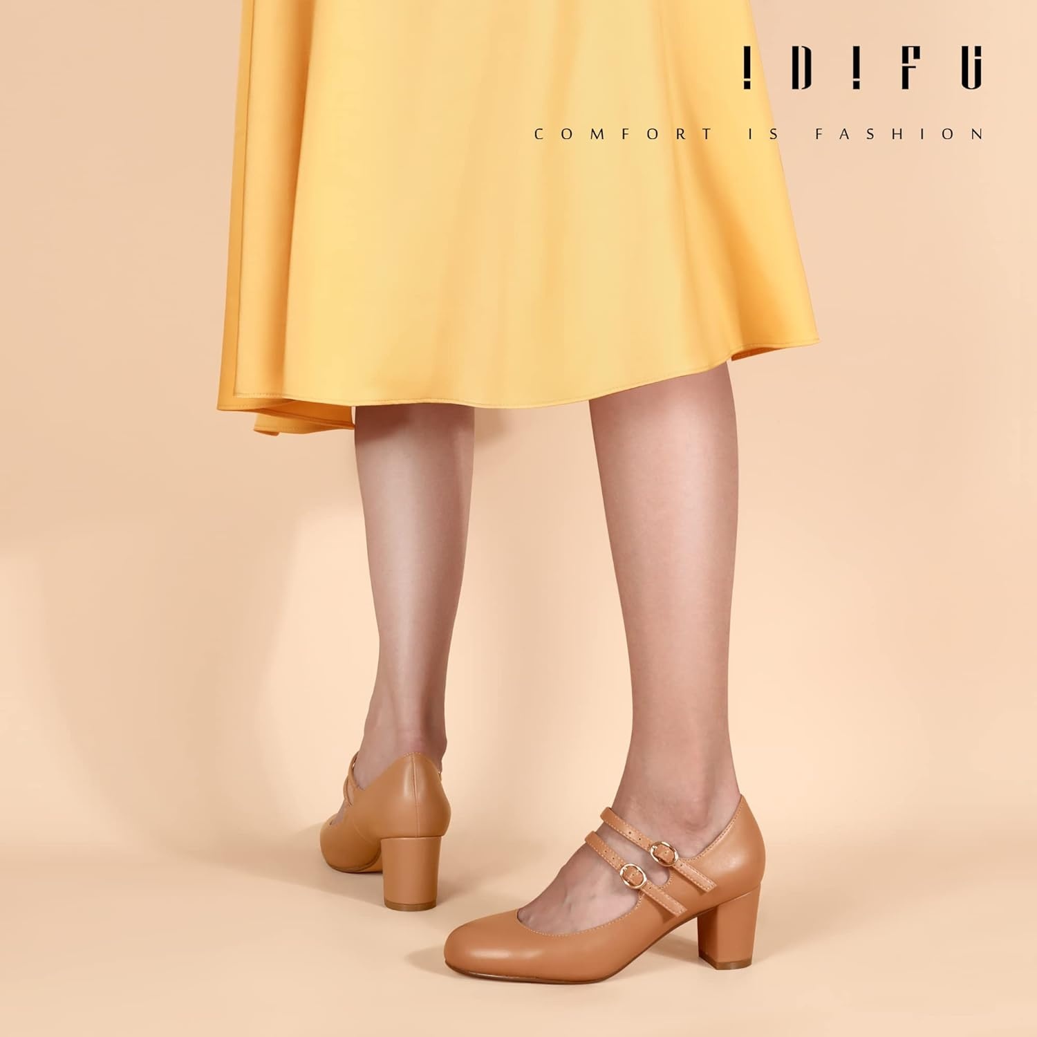 image:imageIDIFU Womens Dress Shoes for Women Pumps Mary Jane Heels Low Block Round Closed Toe Wedding Office WorkNude Pu