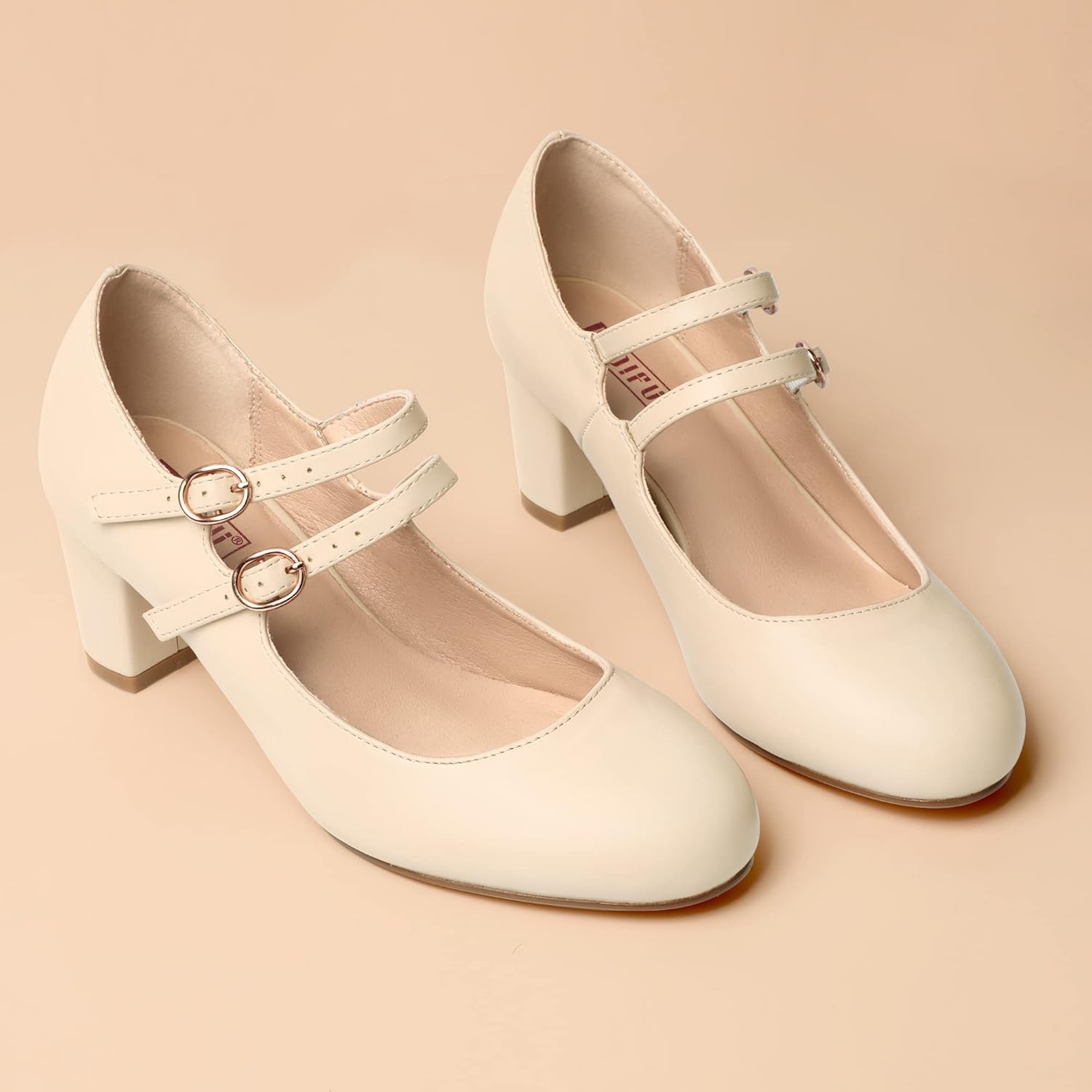 image:imageIDIFU Womens Dress Shoes for Women Pumps Mary Jane Heels Low Block Round Closed Toe Wedding Office WorkNude Pu Classic