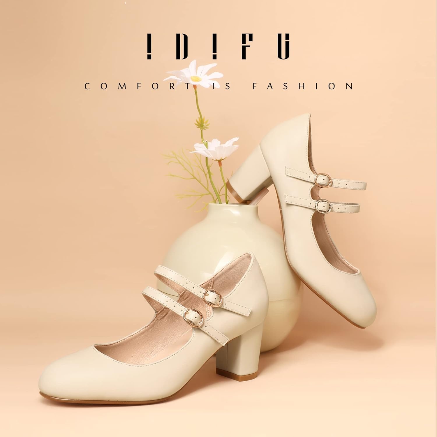image:imageIDIFU Womens Dress Shoes for Women Pumps Mary Jane Heels Low Block Round Closed Toe Wedding Office WorkNude Pu Classic