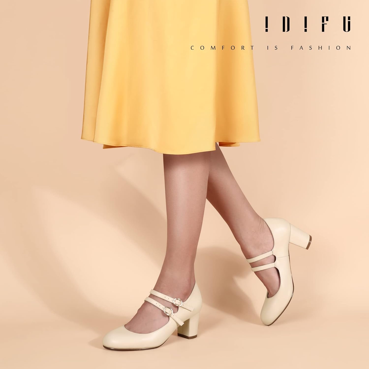 image:imageIDIFU Womens Dress Shoes for Women Pumps Mary Jane Heels Low Block Round Closed Toe Wedding Office WorkNude Pu Classic