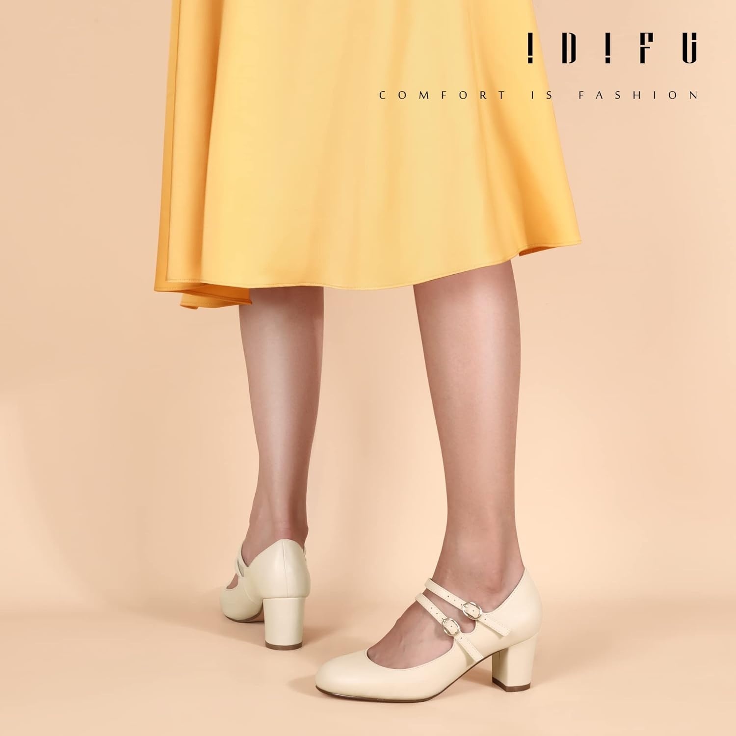 image:imageIDIFU Womens Dress Shoes for Women Pumps Mary Jane Heels Low Block Round Closed Toe Wedding Office WorkNude Pu Classic