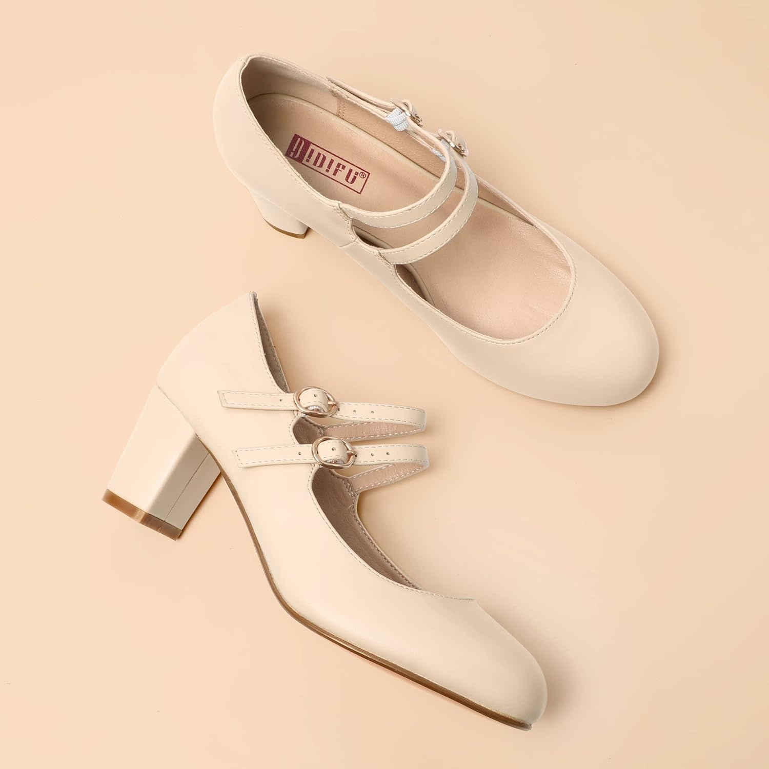 image:imageIDIFU Womens Dress Shoes for Women Pumps Mary Jane Heels Low Block Round Closed Toe Wedding Office WorkNude Pu Classic