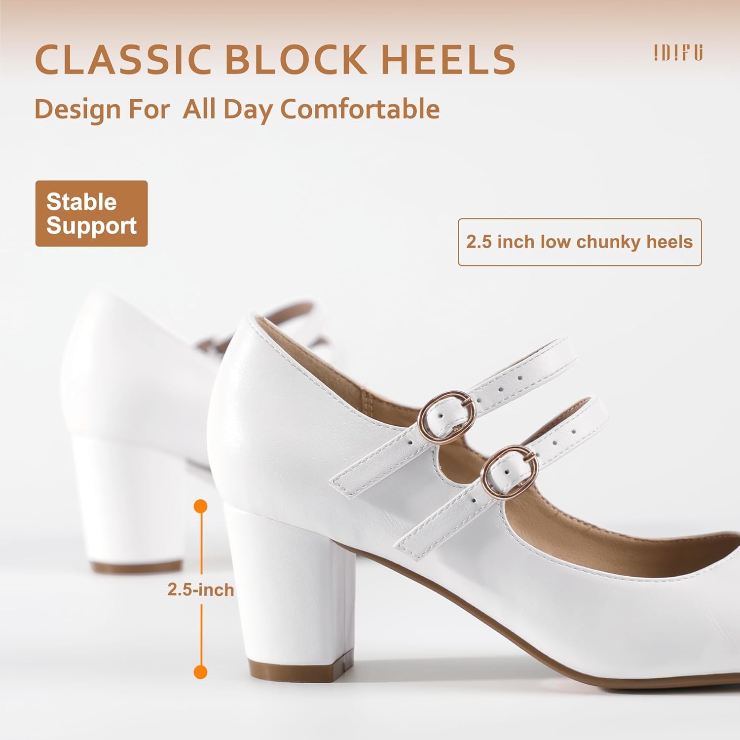 image:imageIDIFU Womens Dress Shoes for Women Pumps Mary Jane Heels Low Block Round Closed Toe Wedding Office WorkWhite Pu