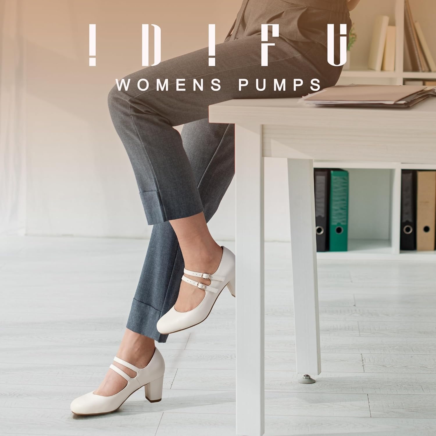 image:imageIDIFU Womens Dress Shoes for Women Pumps Mary Jane Heels Low Block Round Closed Toe Wedding Office WorkWhite Pu